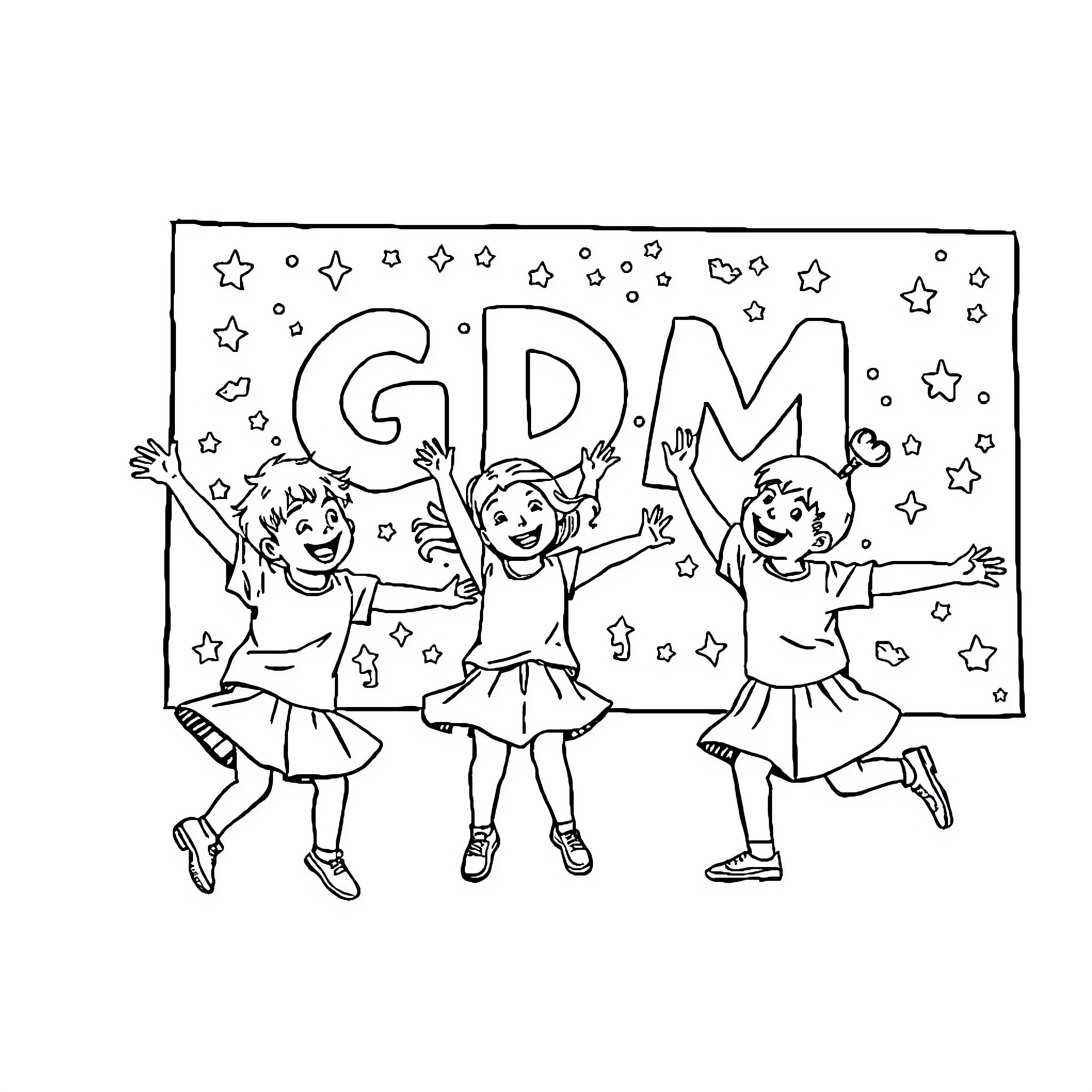 Enfant dancing joyfully with friends in front of colorful backdrop Coloring Page (free black-and-white line drawing printable PDF for all, from beginners to advanced learners, including children, teens, adults, and seniors)