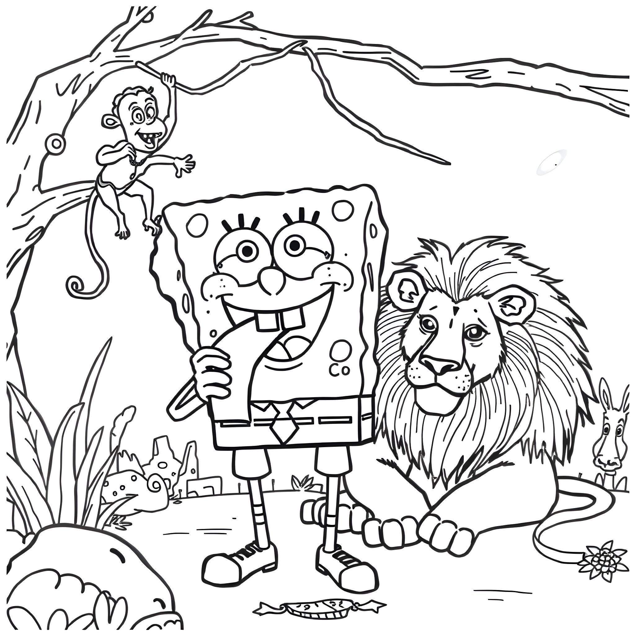 Spongebob and Friends in the Jungle Adventure Coloring Page (free black-and-white line drawing printable PDF for all, from beginners to advanced learners, including children, teens, adults, and seniors)