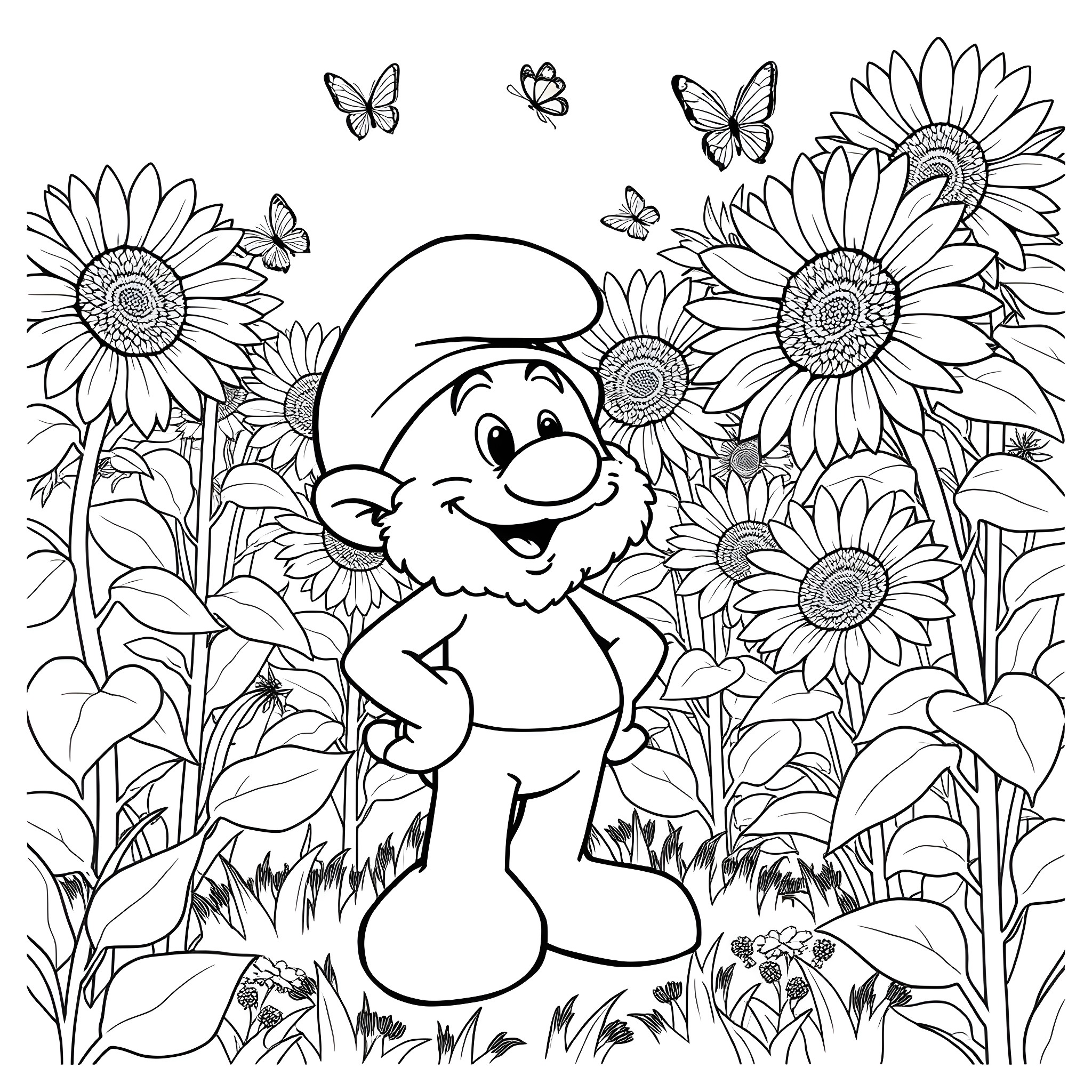 Papa Smurf Happily Surrounded by Sunflowers and Butterflies Coloring Page (free black-and-white line drawing printable PDF for all, from beginners to advanced learners, including children, teens, adults, and seniors)