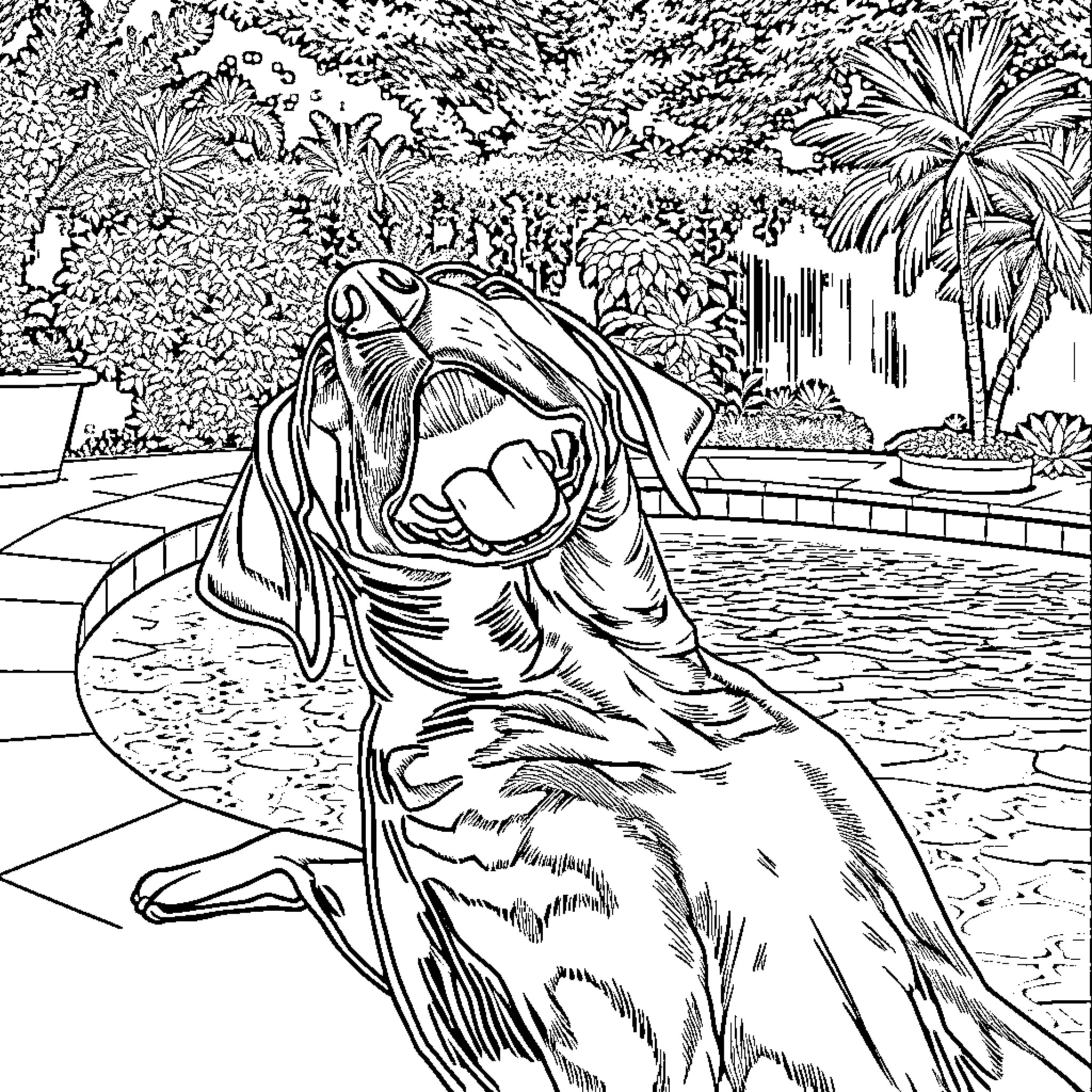 Vizsla resting by the pool in lush surroundings Coloring Page (free black-and-white line drawing printable PDF for all, from beginners to advanced learners, including children, teens, adults, and seniors)