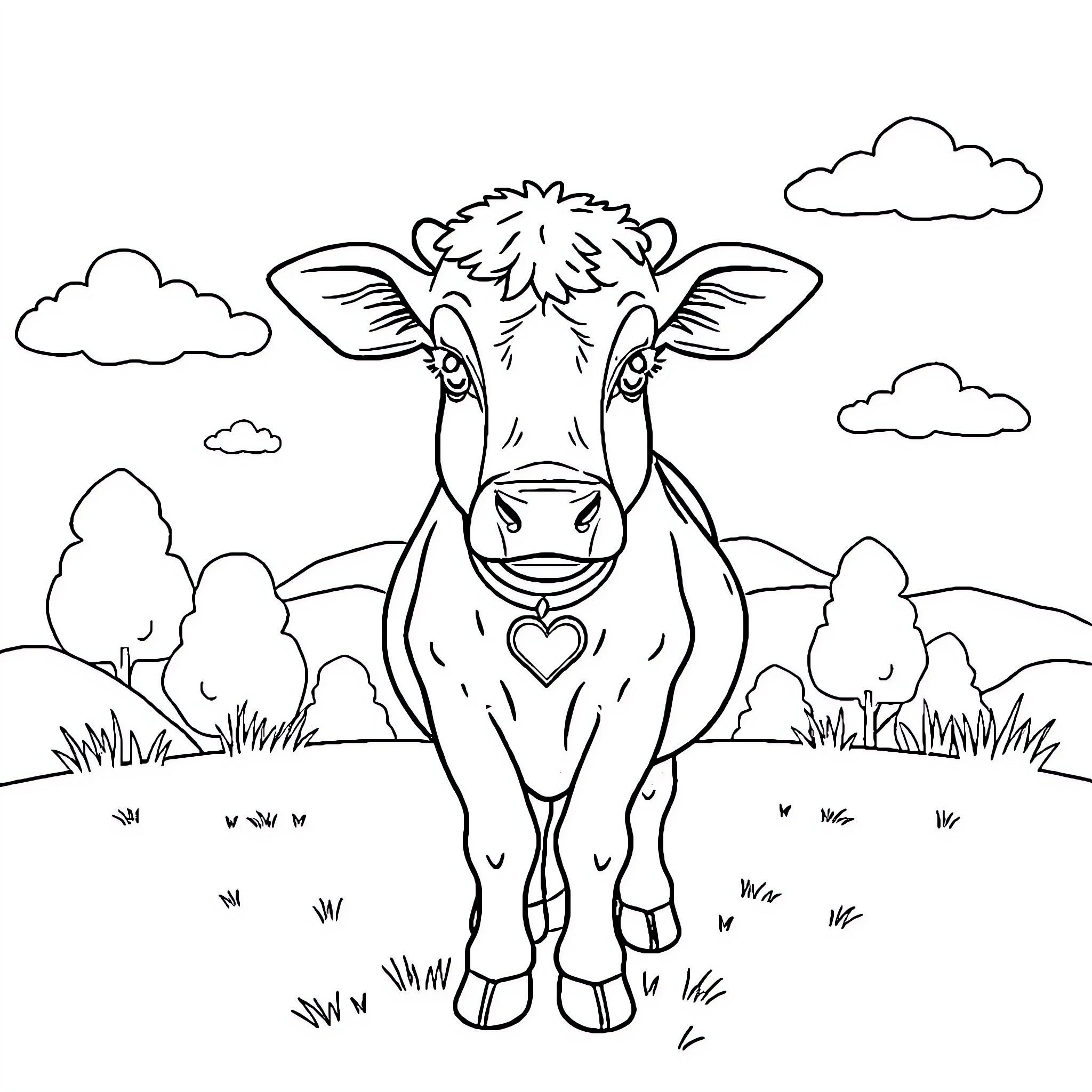 Cow with heart-shaped spot in a pastoral scene Coloring Page (free black-and-white line drawing printable PDF for all, from beginners to advanced learners, including children, teens, adults, and seniors)