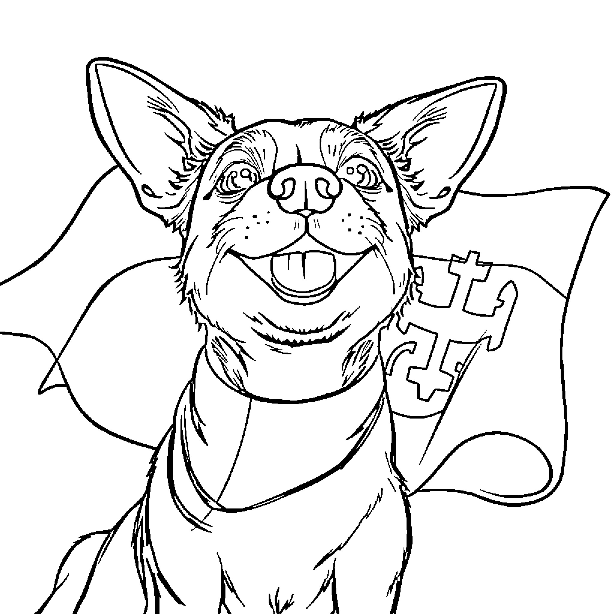 Dog with cross symbol happily smiling Coloring Page (free black-and-white line drawing printable PDF for all, from beginners to advanced learners, including children, teens, adults, and seniors)
