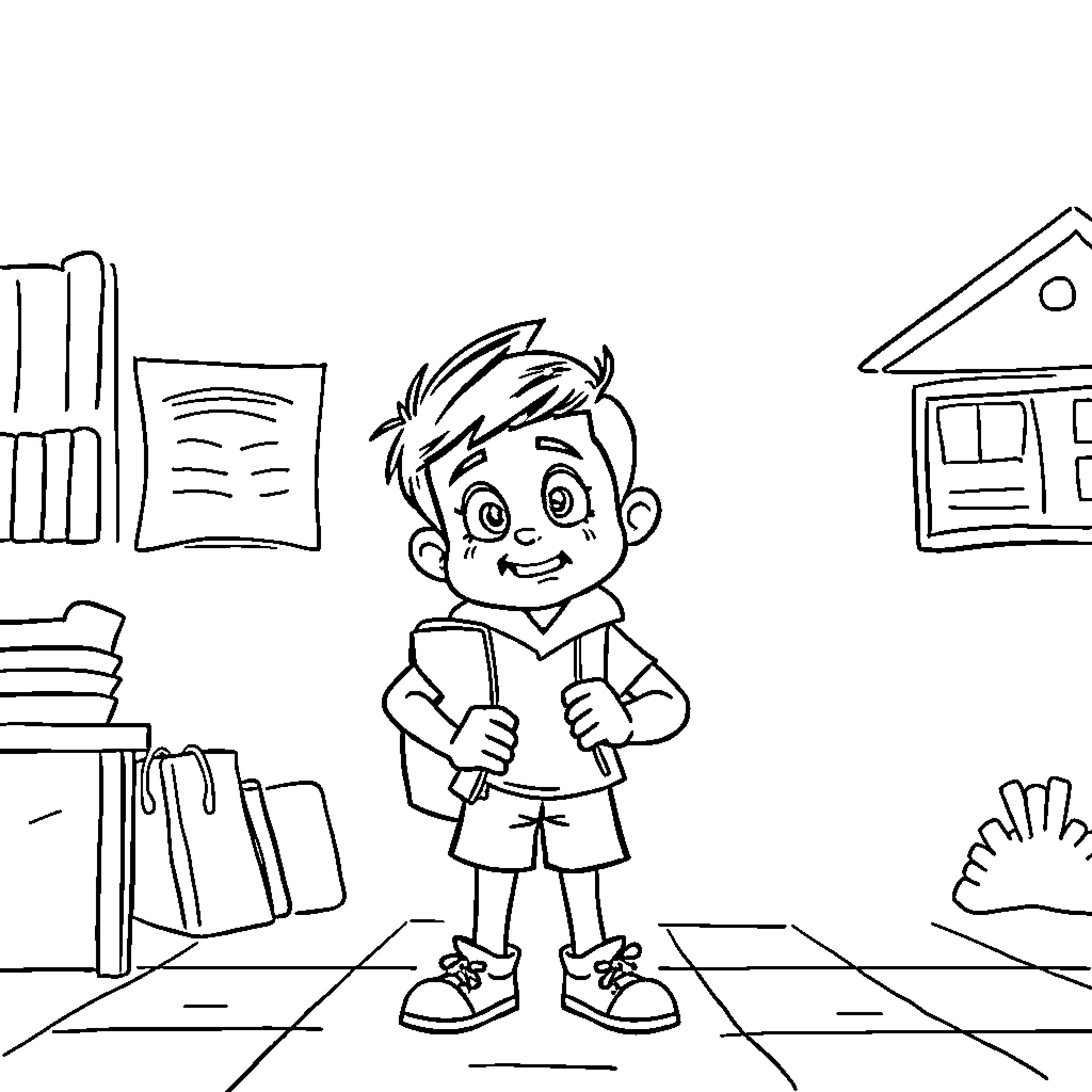 Ducobu enjoying school supplies and classroom Coloring Page (free black-and-white line drawing printable PDF for all, from beginners to advanced learners, including children, teens, adults, and seniors)