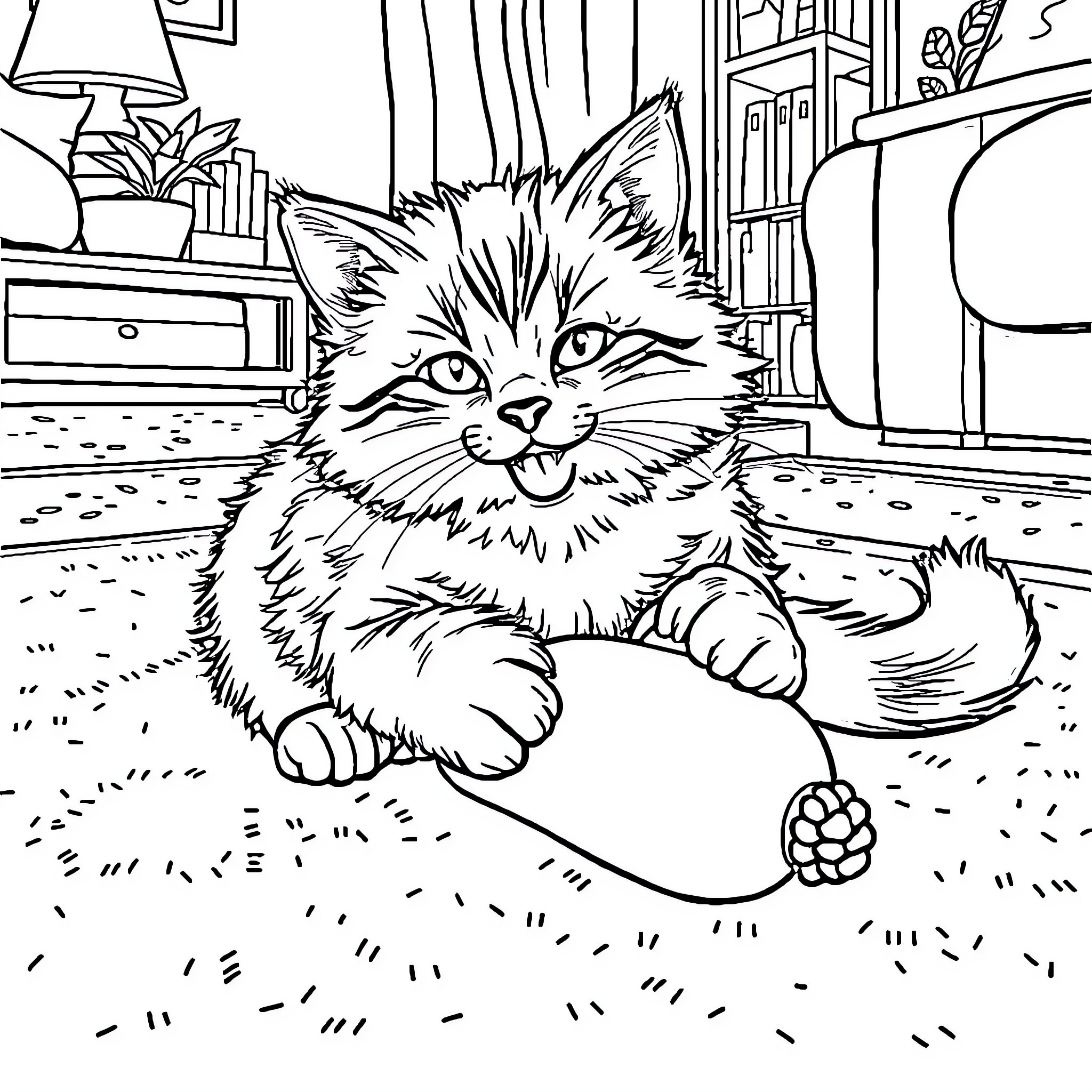 Cat relaxing in a cozy indoor setting Coloring Page (free black-and-white line drawing printable PDF for all, from beginners to advanced learners, including children, teens, adults, and seniors)
