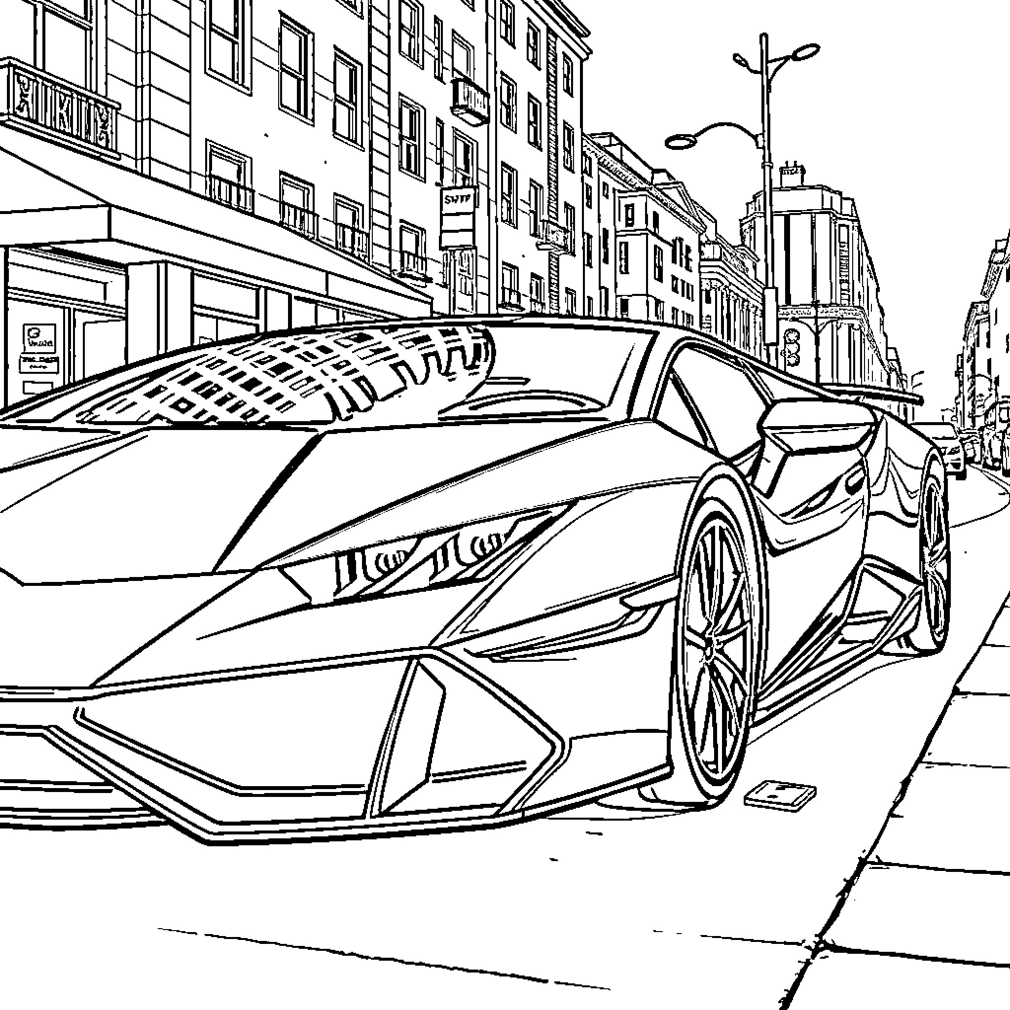Lamborghini sports car on a city street Coloring Page (free black-and-white line drawing printable PDF for all, from beginners to advanced learners, including children, teens, adults, and seniors)