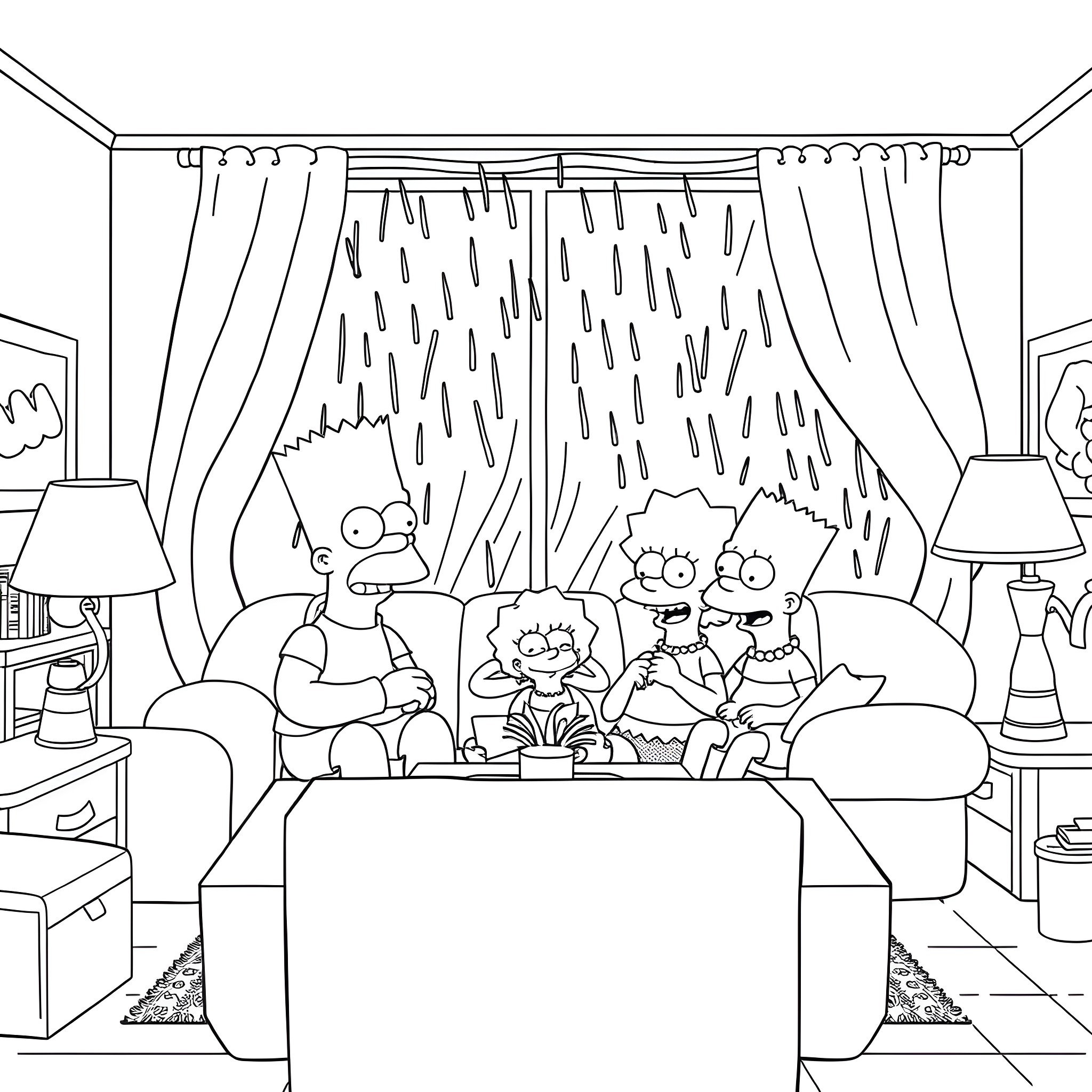 Simpson Family Watching TV Together at Home Coloring Page (free black-and-white line drawing printable PDF for all, from beginners to advanced learners, including children, teens, adults, and seniors)