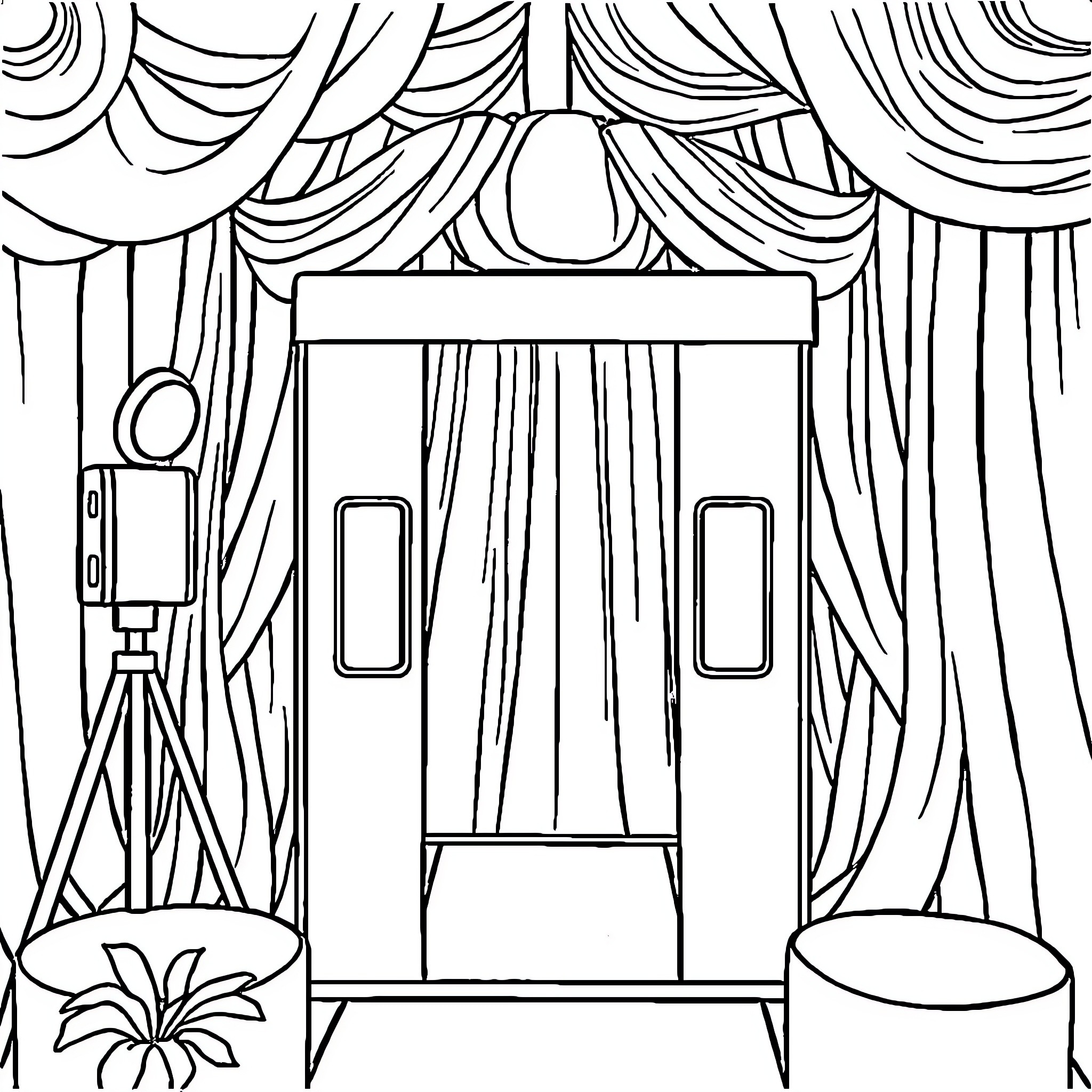Photo Booth with Dramatic Curtain Backdrop Coloring Page (free black-and-white line drawing printable PDF for all, from beginners to advanced learners, including children, teens, adults, and seniors)