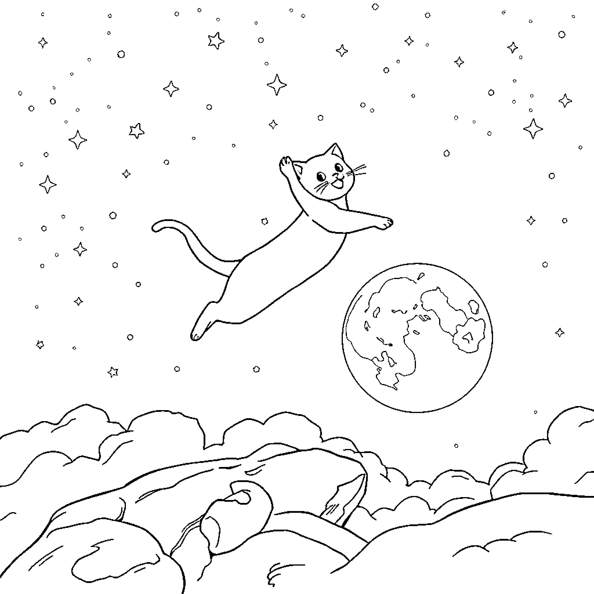 Cat flying among the stars Coloring Page (free black-and-white line drawing printable PDF for all, from beginners to advanced learners, including children, teens, adults, and seniors)