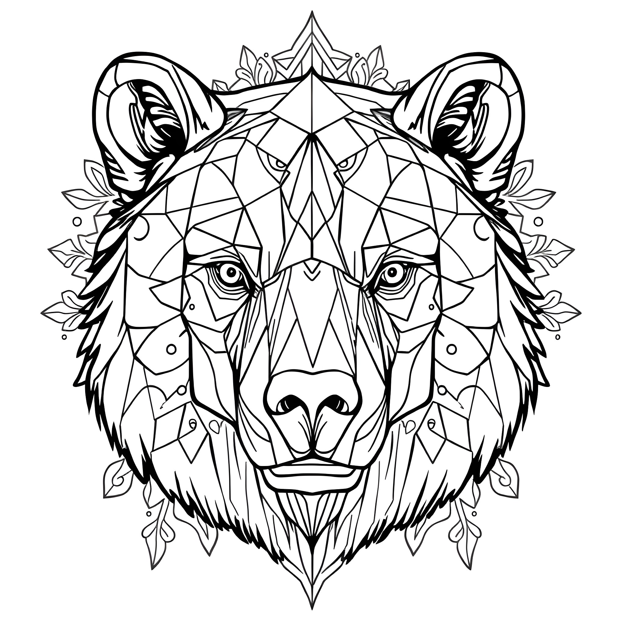Bear with geometric pattern and floral elements Coloring Page (free black-and-white line drawing printable PDF for all, from beginners to advanced learners, including children, teens, adults, and seniors)