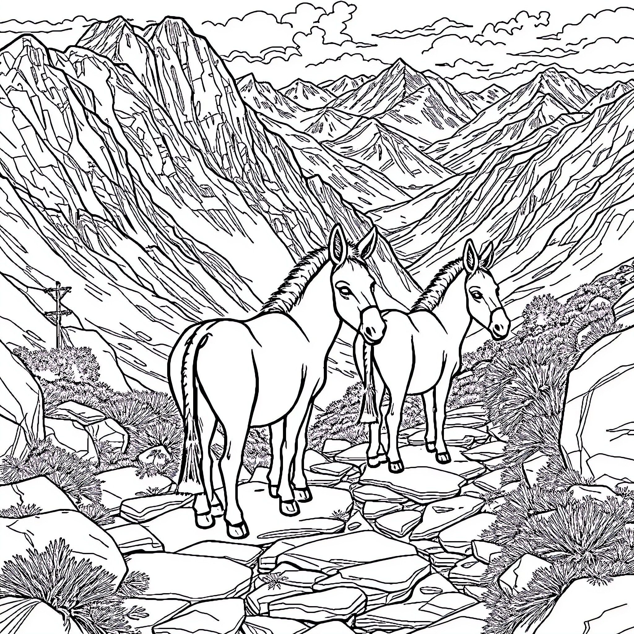 Donkey duo exploring the rugged mountain landscape Coloring Page (free black-and-white line drawing printable PDF for all, from beginners to advanced learners, including children, teens, adults, and seniors)