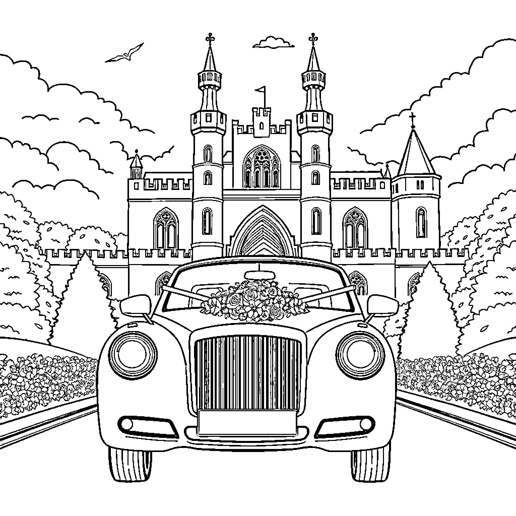 Car carrying flowers to medieval castle Coloring Page (free black-and-white line drawing printable PDF for all, from beginners to advanced learners, including children, teens, adults, and seniors)