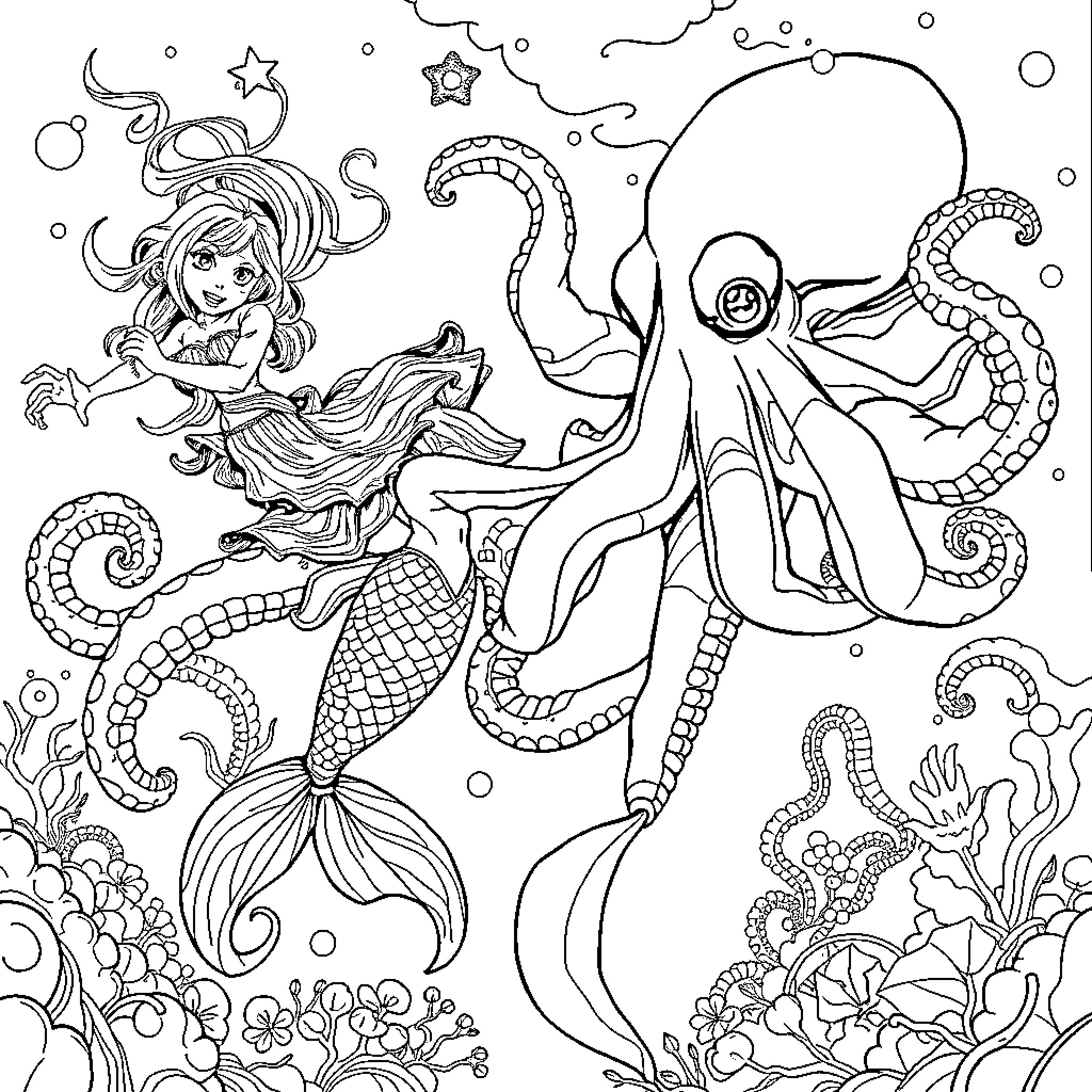 Mermaid playing with sea creatures in the ocean Coloring Page (free black-and-white line drawing printable PDF for all, from beginners to advanced learners, including children, teens, adults, and seniors)