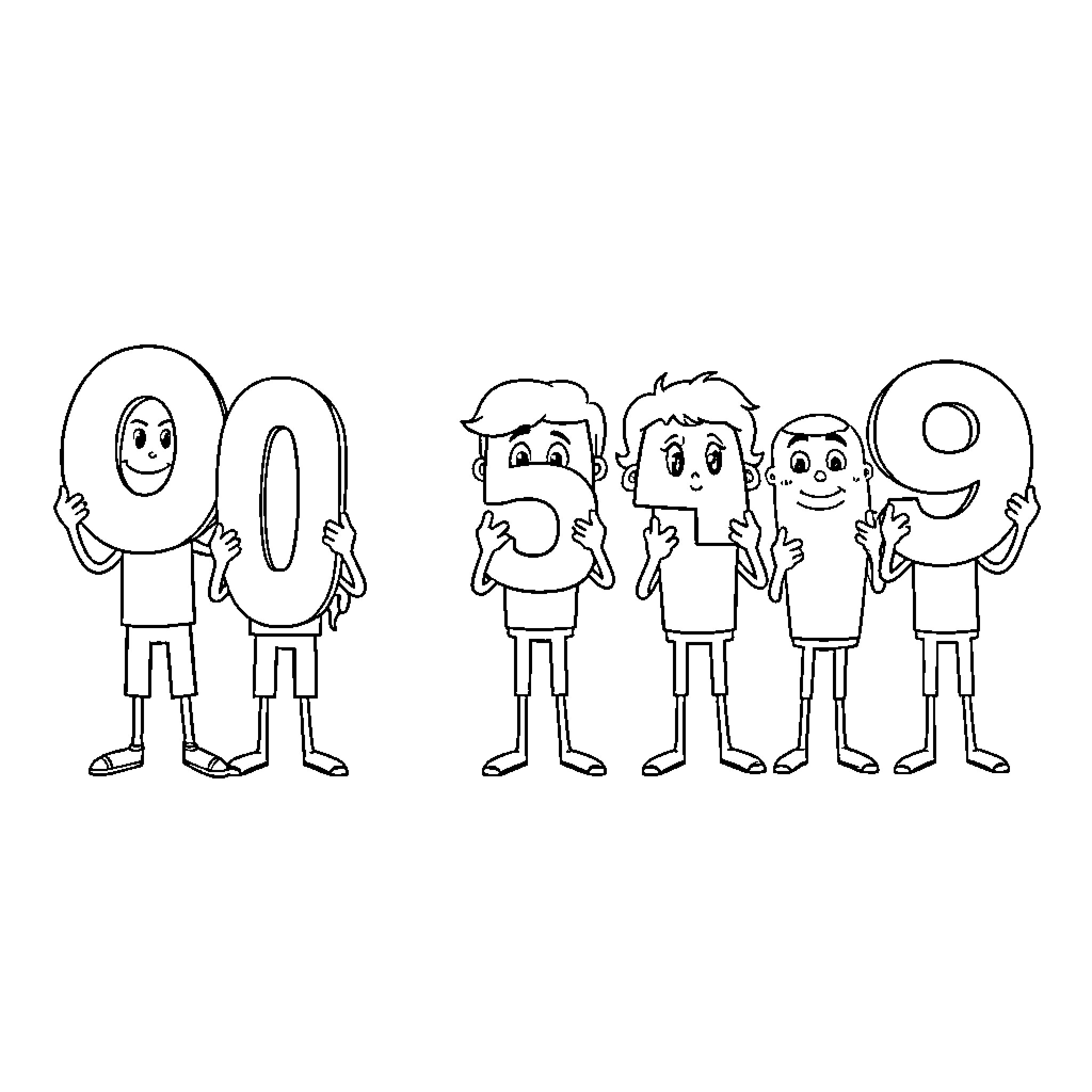 Character Group Holding Numbered Signs Coloring Page (free black-and-white line drawing printable PDF for all, from beginners to advanced learners, including children, teens, adults, and seniors)