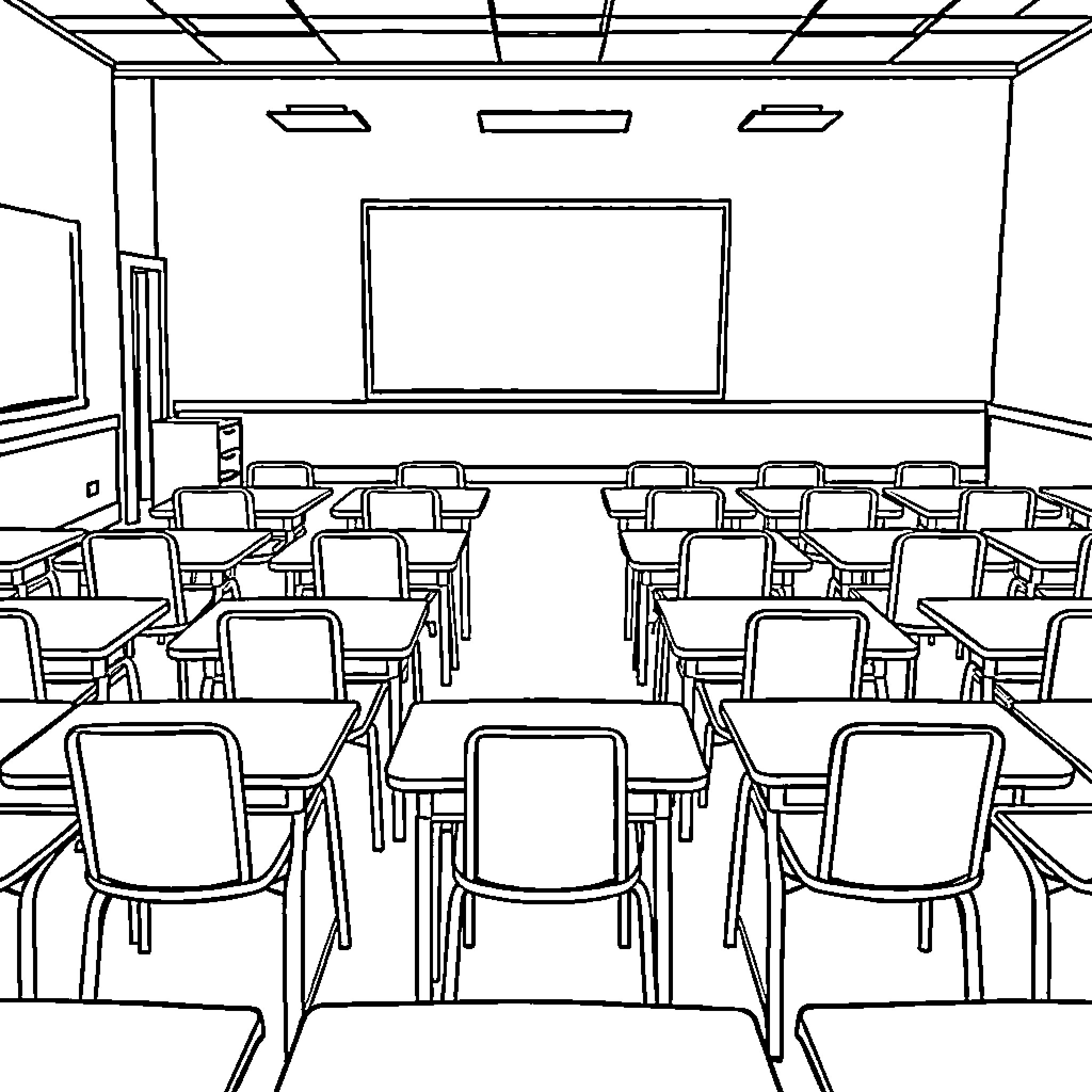 Classroom with desks and chairs awaiting students Coloring Page (free black-and-white line drawing printable PDF for all, from beginners to advanced learners, including children, teens, adults, and seniors)