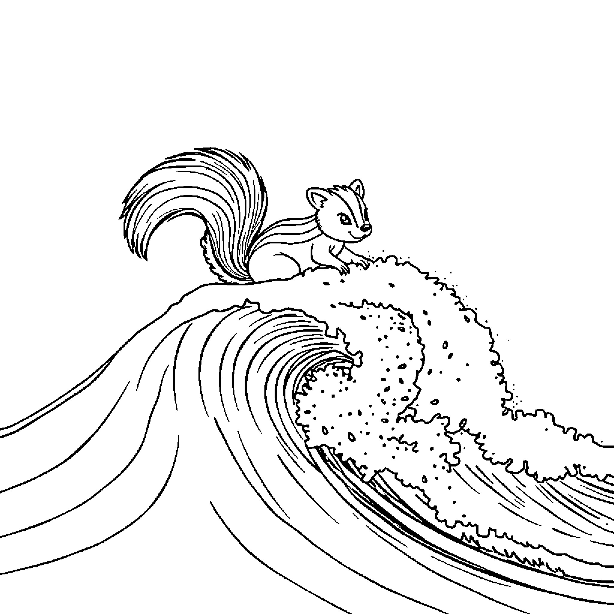 Skunk riding a giant wave Coloring Page (free black-and-white line drawing printable PDF for all, from beginners to advanced learners, including children, teens, adults, and seniors)