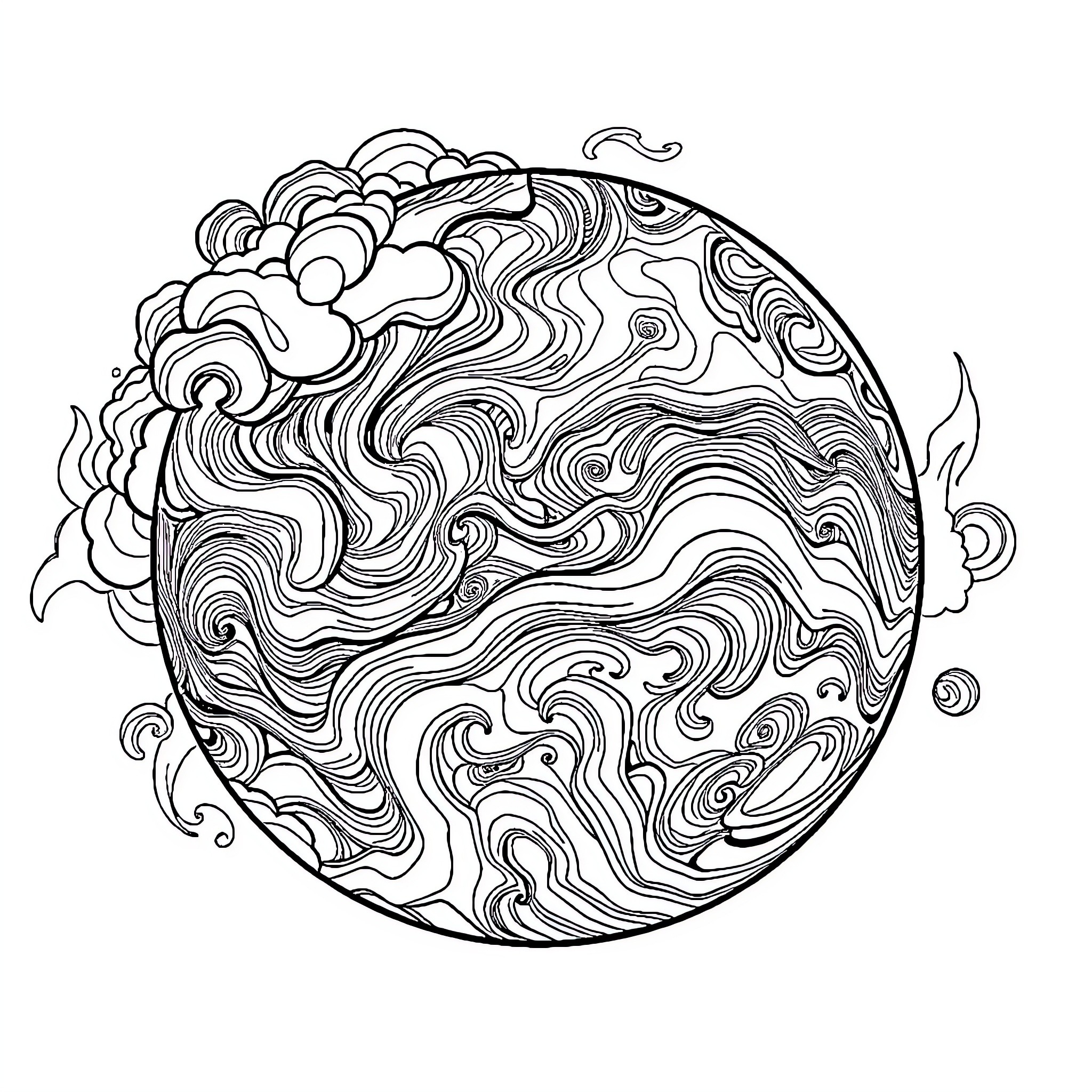 Planet of Swirling Abstractions Coloring Page (free black-and-white line drawing printable PDF for all, from beginners to advanced learners, including children, teens, adults, and seniors)
