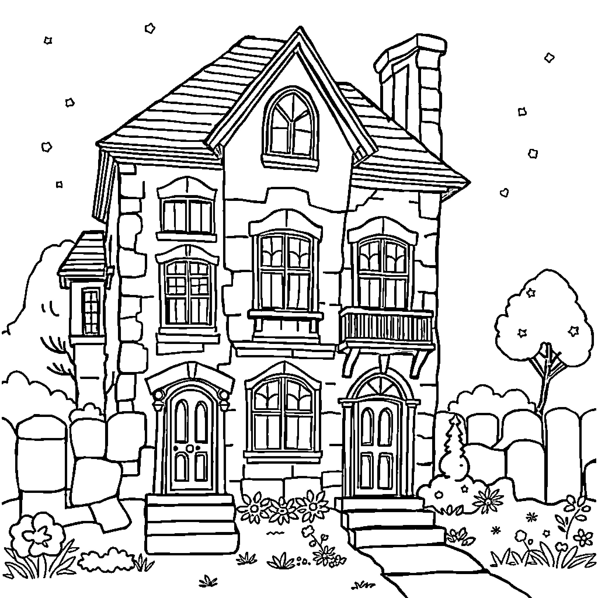 House with intricate architectural details Coloring Page (free black-and-white line drawing printable PDF for all, from beginners to advanced learners, including children, teens, adults, and seniors)