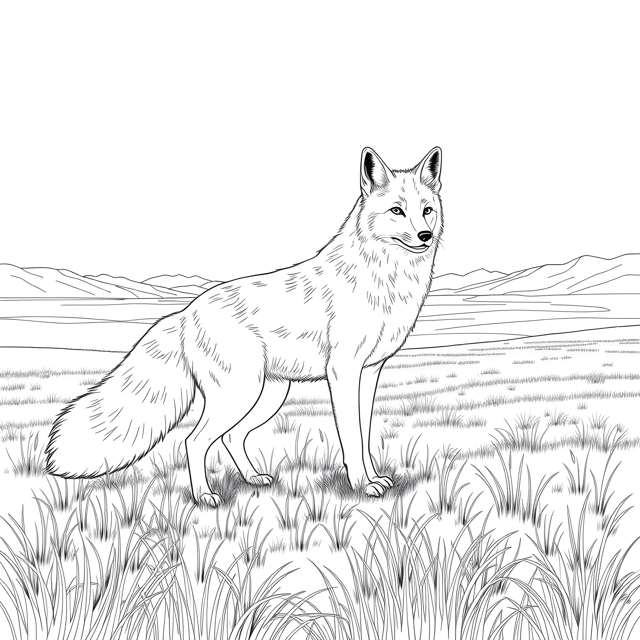 Fox in a serene natural landscape Coloring Page (free black-and-white line drawing printable PDF for all, from beginners to advanced learners, including children, teens, adults, and seniors)