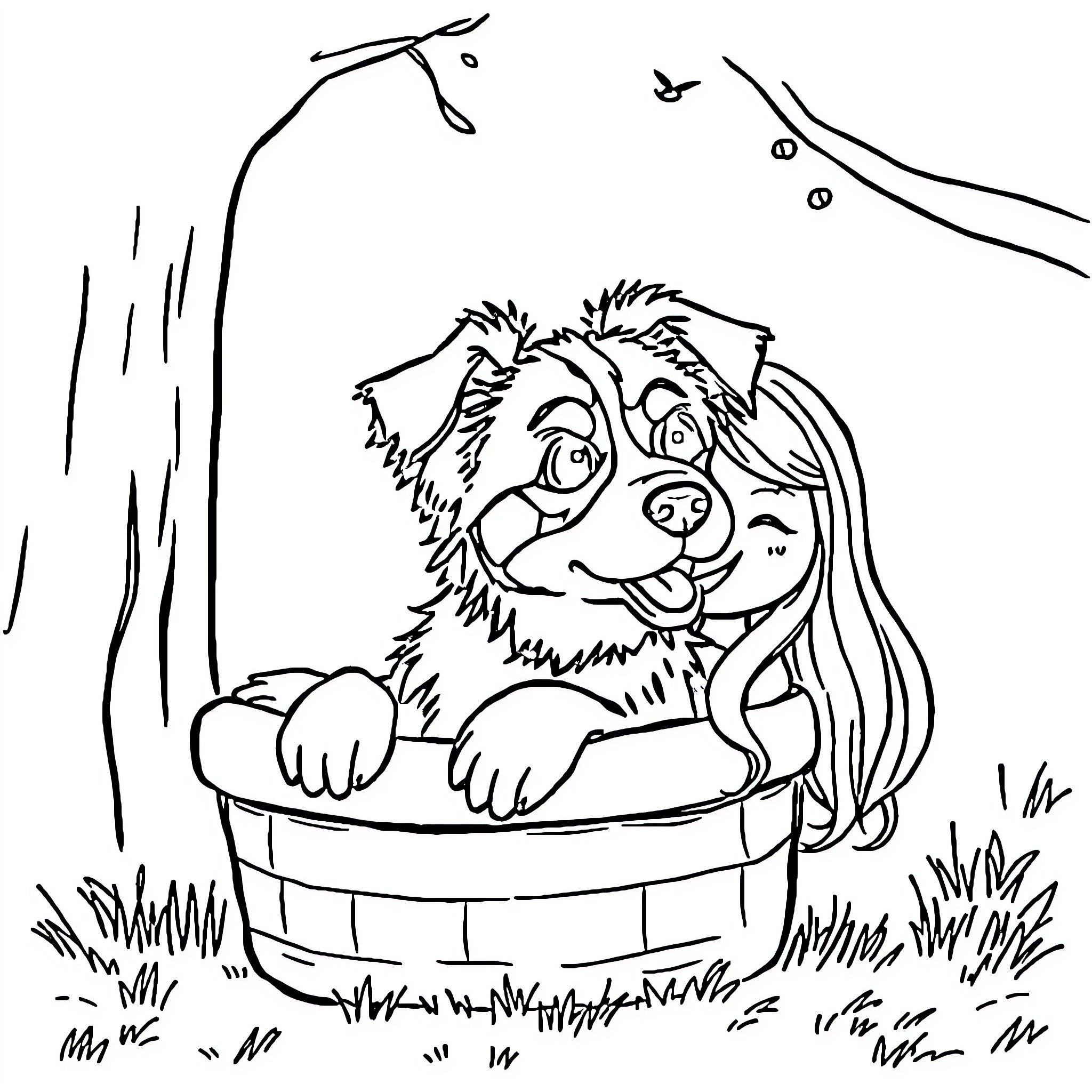 Puppy splashing happily in a wooden tub Coloring Page (free black-and-white line drawing printable PDF for all, from beginners to advanced learners, including children, teens, adults, and seniors)