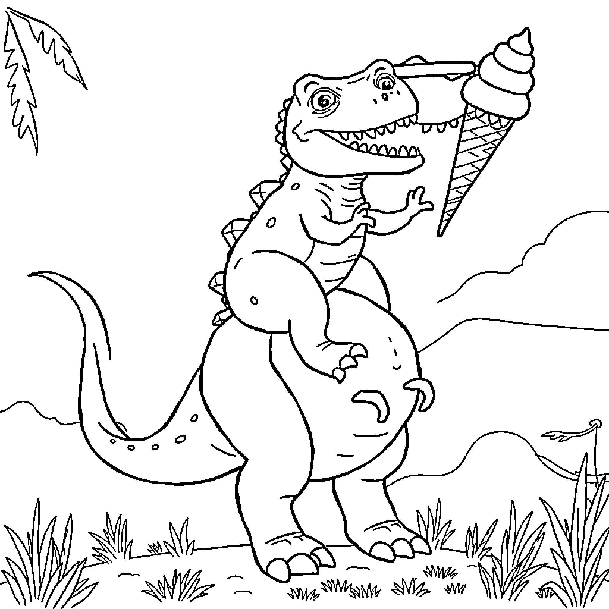Dinosaur enjoying an ice cream cone in nature Coloring Page (free black-and-white line drawing printable PDF for all, from beginners to advanced learners, including children, teens, adults, and seniors)