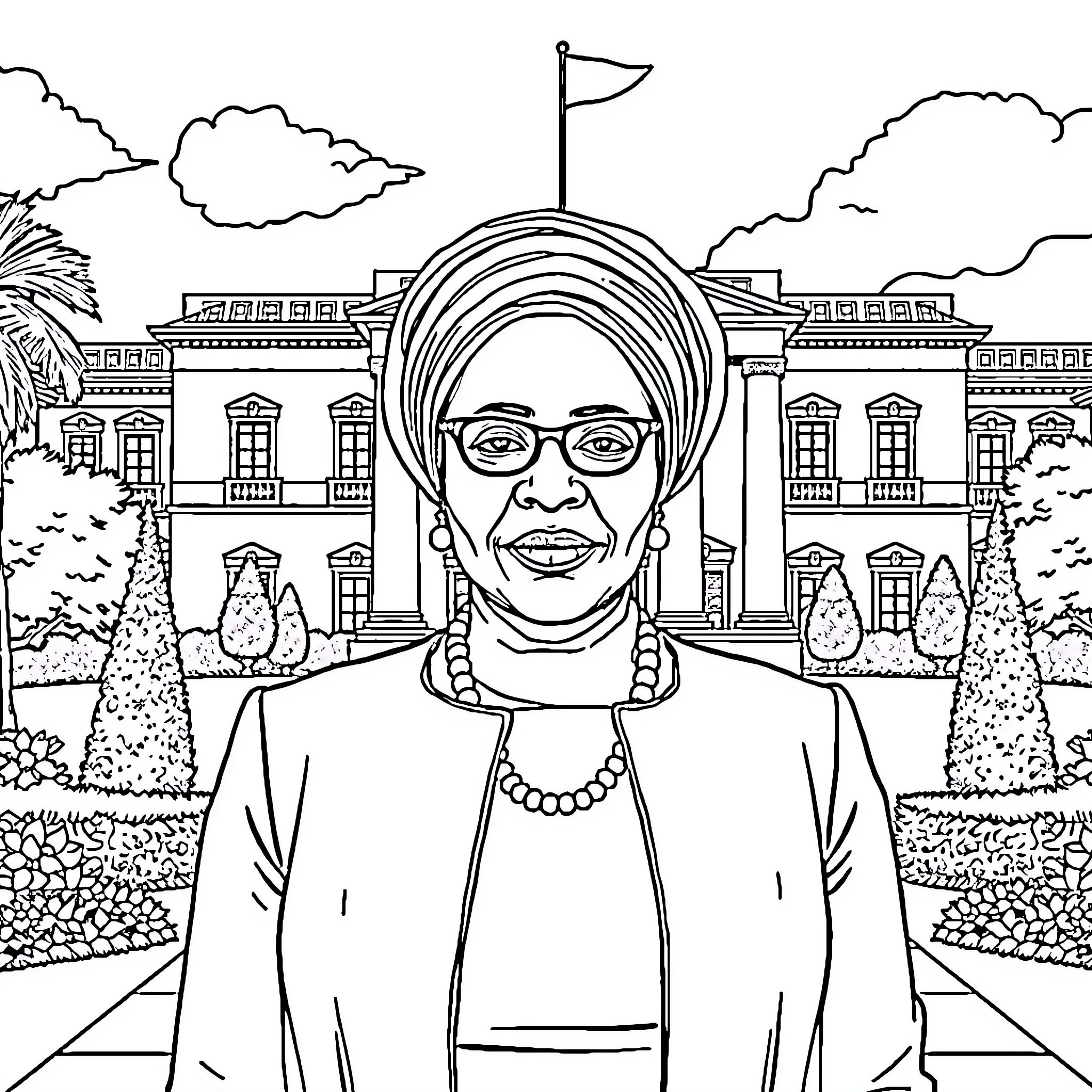 Samia Suluhu Hassan standing in front of a governmental building Coloring Page (free black-and-white line drawing printable PDF for all, from beginners to advanced learners, including children, teens, adults, and seniors)