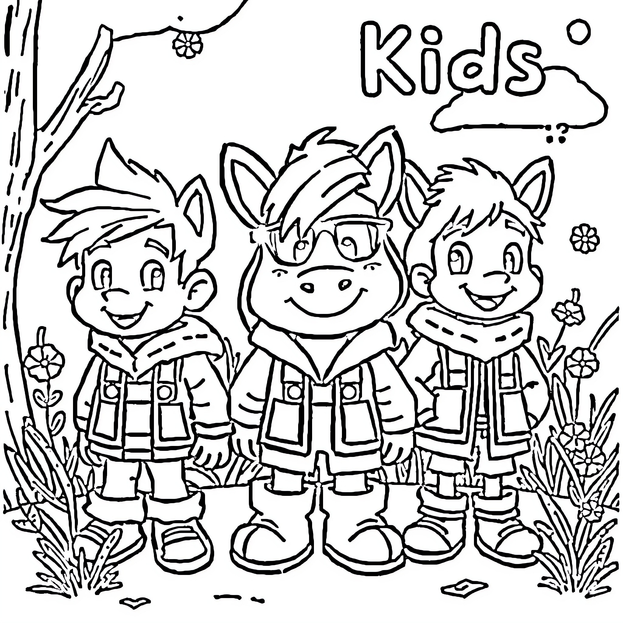 Stray Kids enjoying playful adventure in nature Coloring Page (free black-and-white line drawing printable PDF for all, from beginners to advanced learners, including children, teens, adults, and seniors)