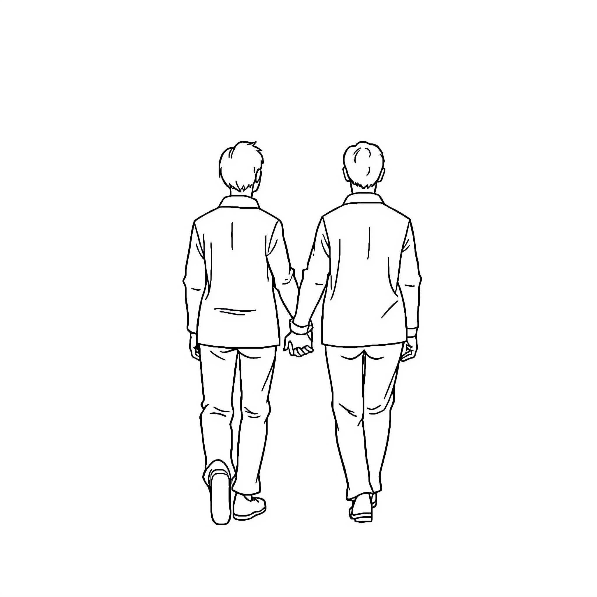 Human figures walking hand in hand Coloring Page (free black-and-white line drawing printable PDF for all, from beginners to advanced learners, including children, teens, adults, and seniors)