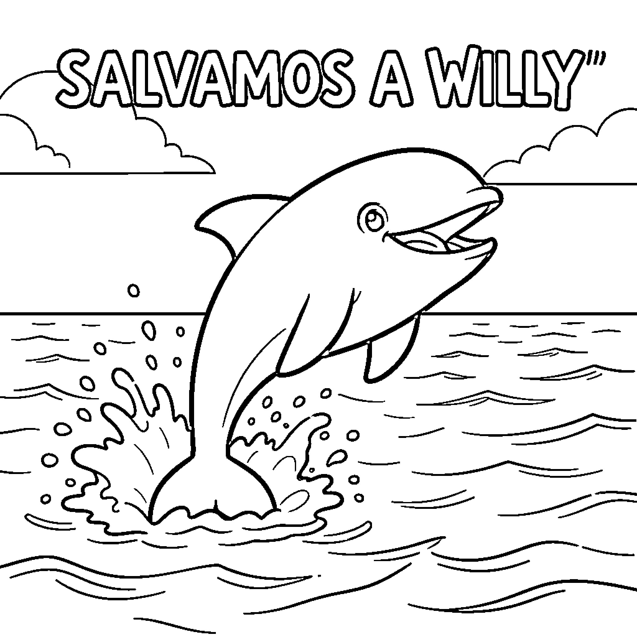 Willy the Dolphin Jumping out of the Ocean Coloring Page (free black-and-white line drawing printable PDF for all, from beginners to advanced learners, including children, teens, adults, and seniors)
