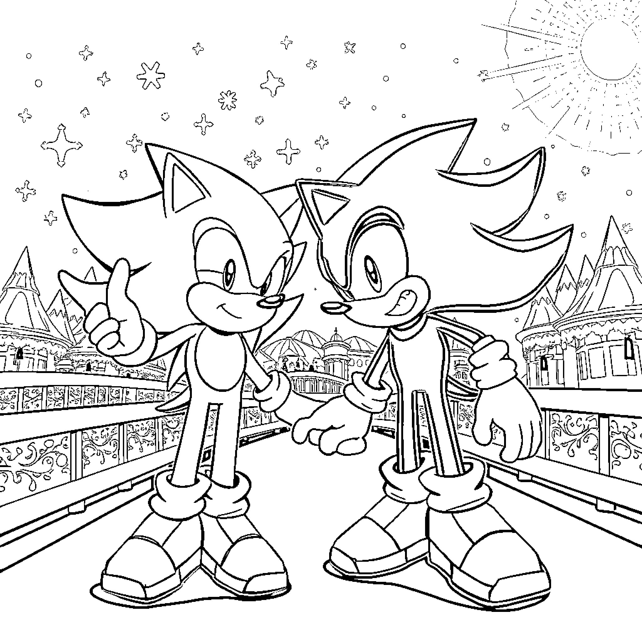 Sonic characters in an urban fantasy scene Coloring Page (free black-and-white line drawing printable PDF for all, from beginners to advanced learners, including children, teens, adults, and seniors)