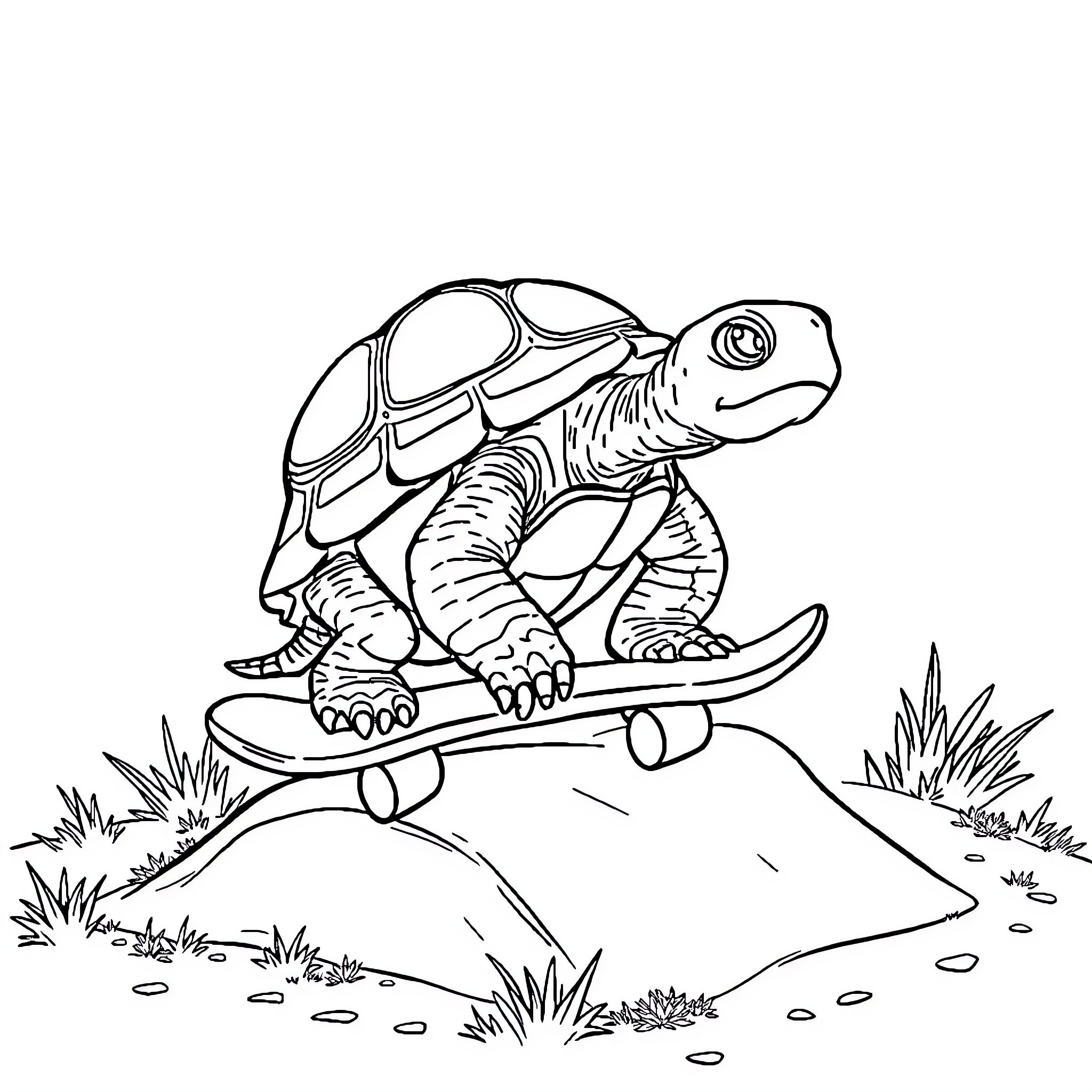 Turtle Riding a Skateboard through Nature Coloring Page (free black-and-white line drawing printable PDF for all, from beginners to advanced learners, including children, teens, adults, and seniors)