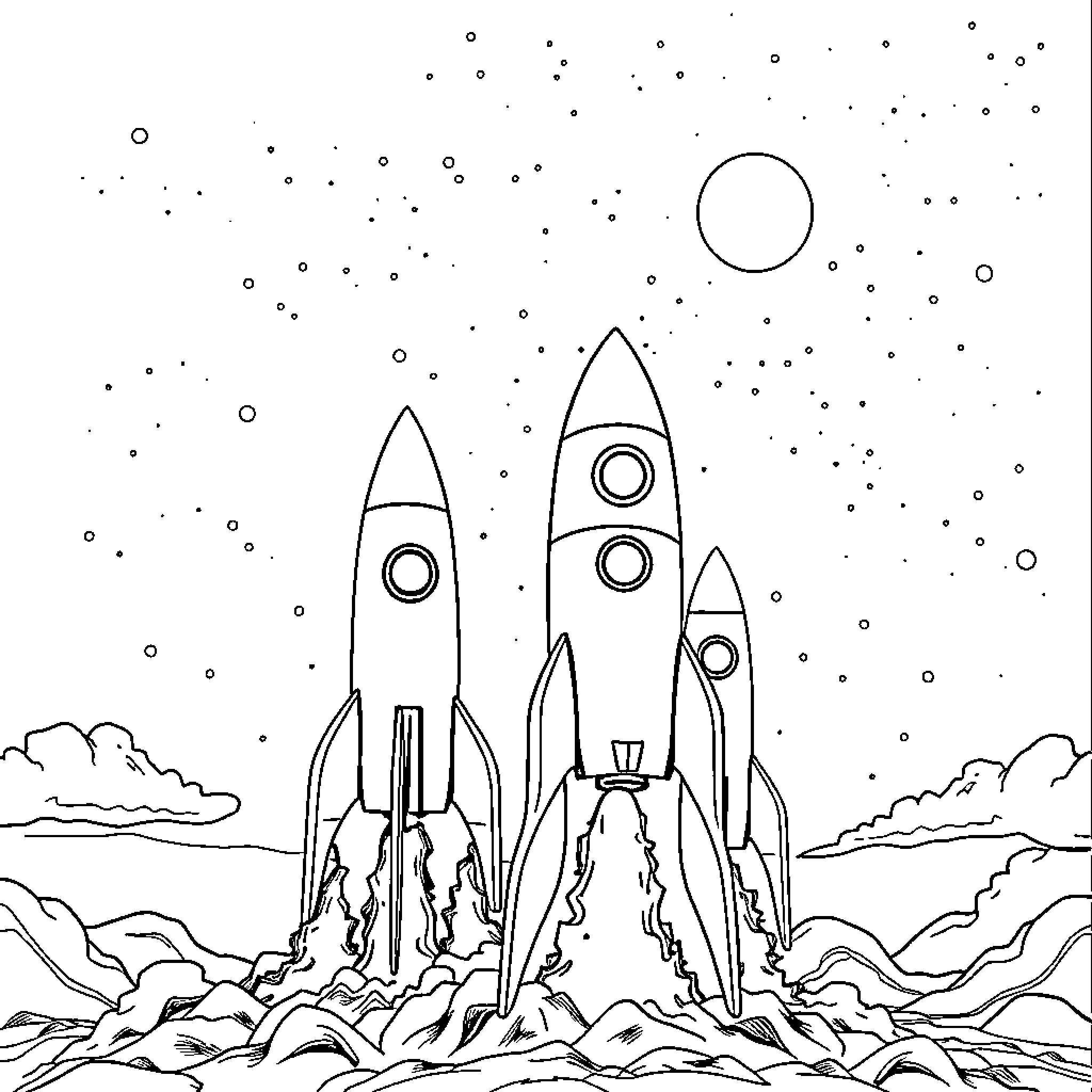 Rocket ships blasting off into the starry night sky Coloring Page (free black-and-white line drawing printable PDF for all, from beginners to advanced learners, including children, teens, adults, and seniors)