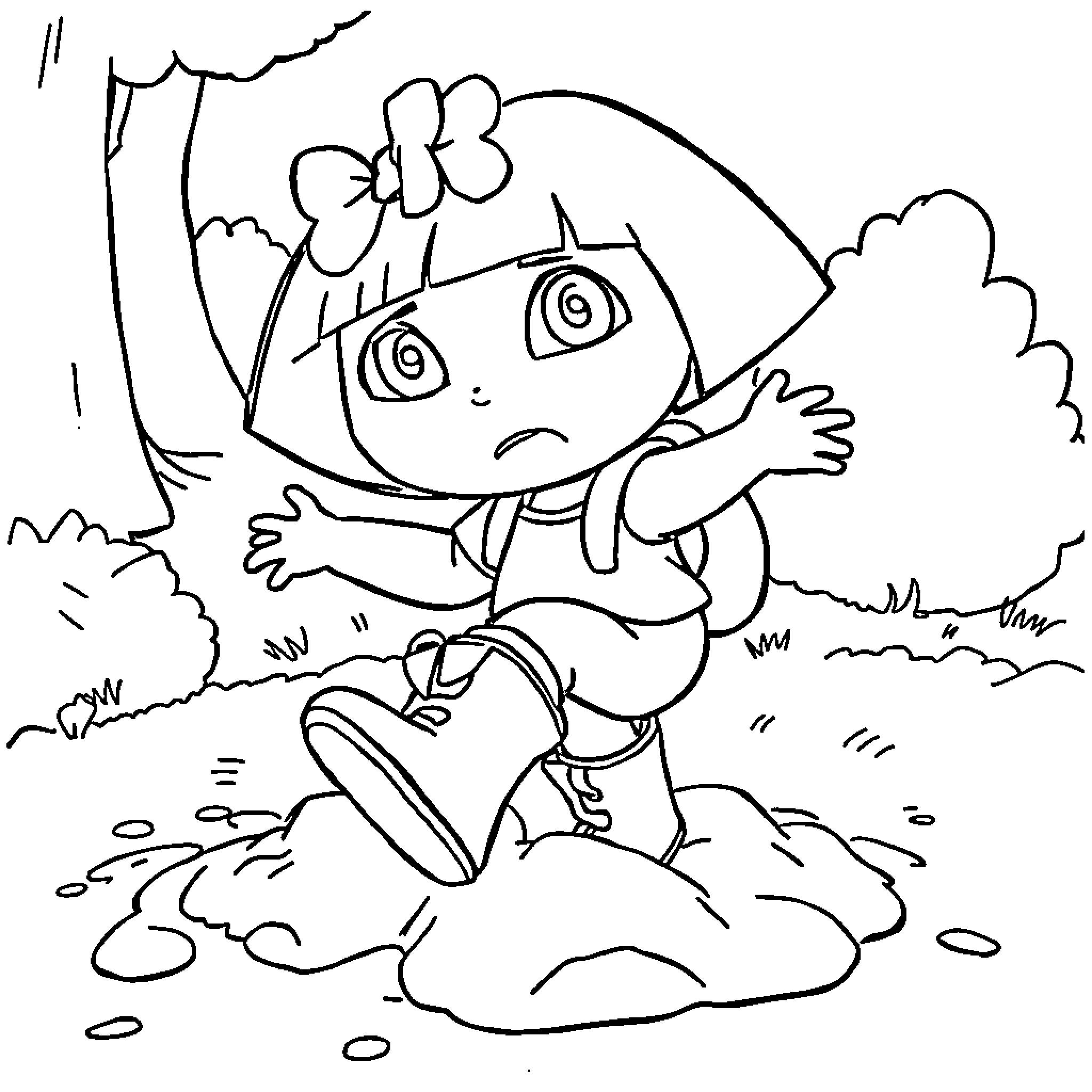 Dora exploring the outdoors with a concerned expression Coloring Page (free black-and-white line drawing printable PDF for all, from beginners to advanced learners, including children, teens, adults, and seniors)