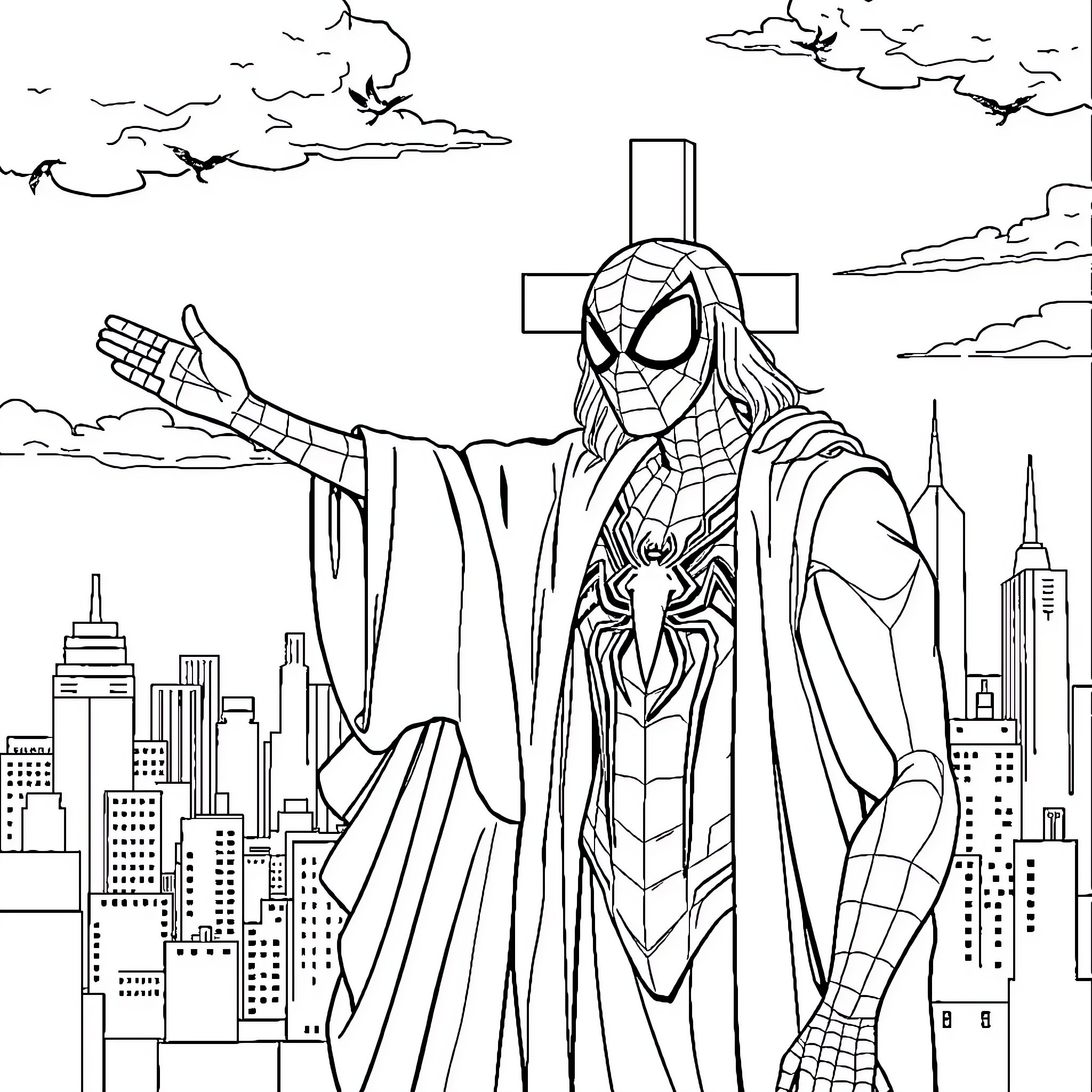 Spiderman standing heroically in the city skyline Coloring Page (free black-and-white line drawing printable PDF for all, from beginners to advanced learners, including children, teens, adults, and seniors)