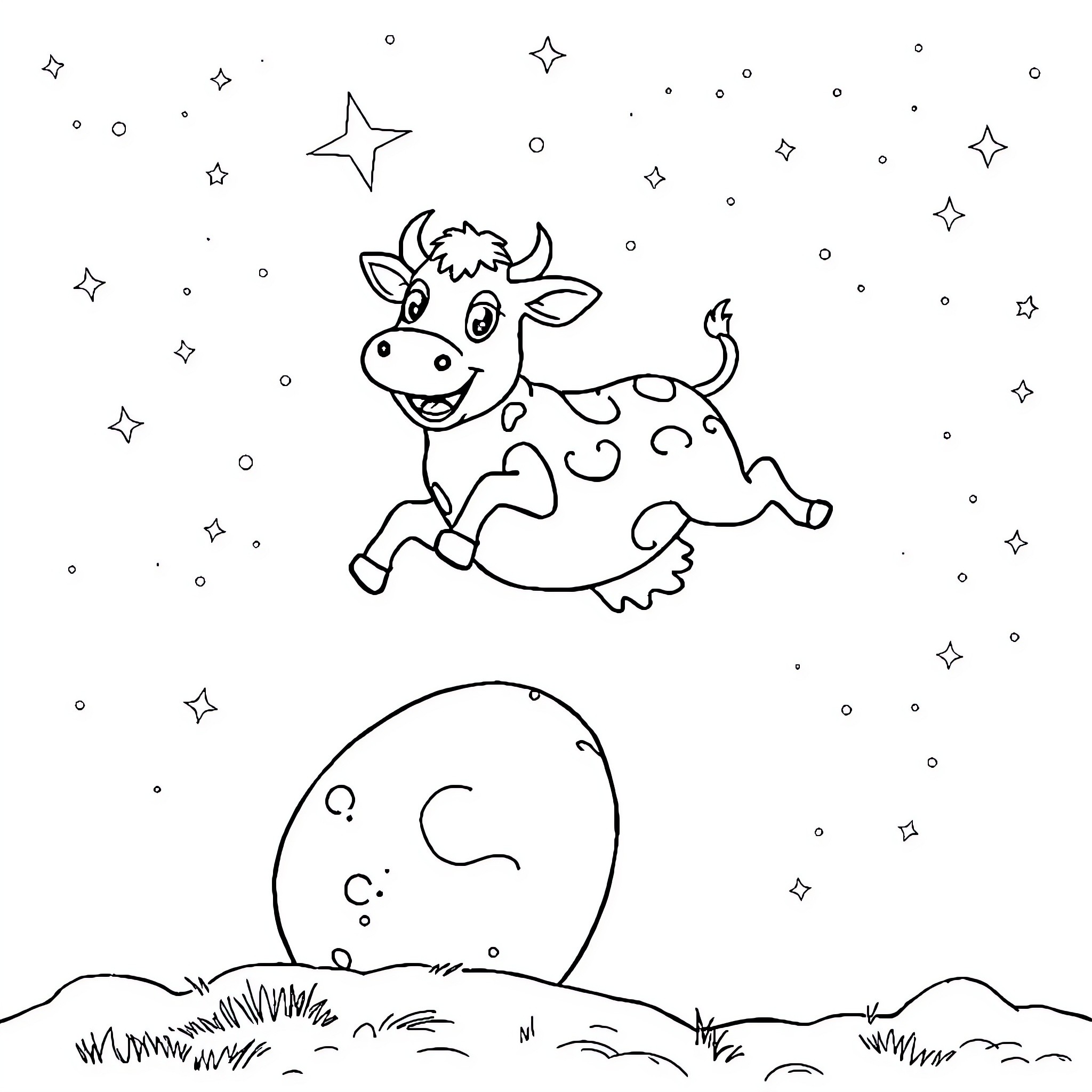 Cow jumping happily among the stars Coloring Page (free black-and-white line drawing printable PDF for all, from beginners to advanced learners, including children, teens, adults, and seniors)