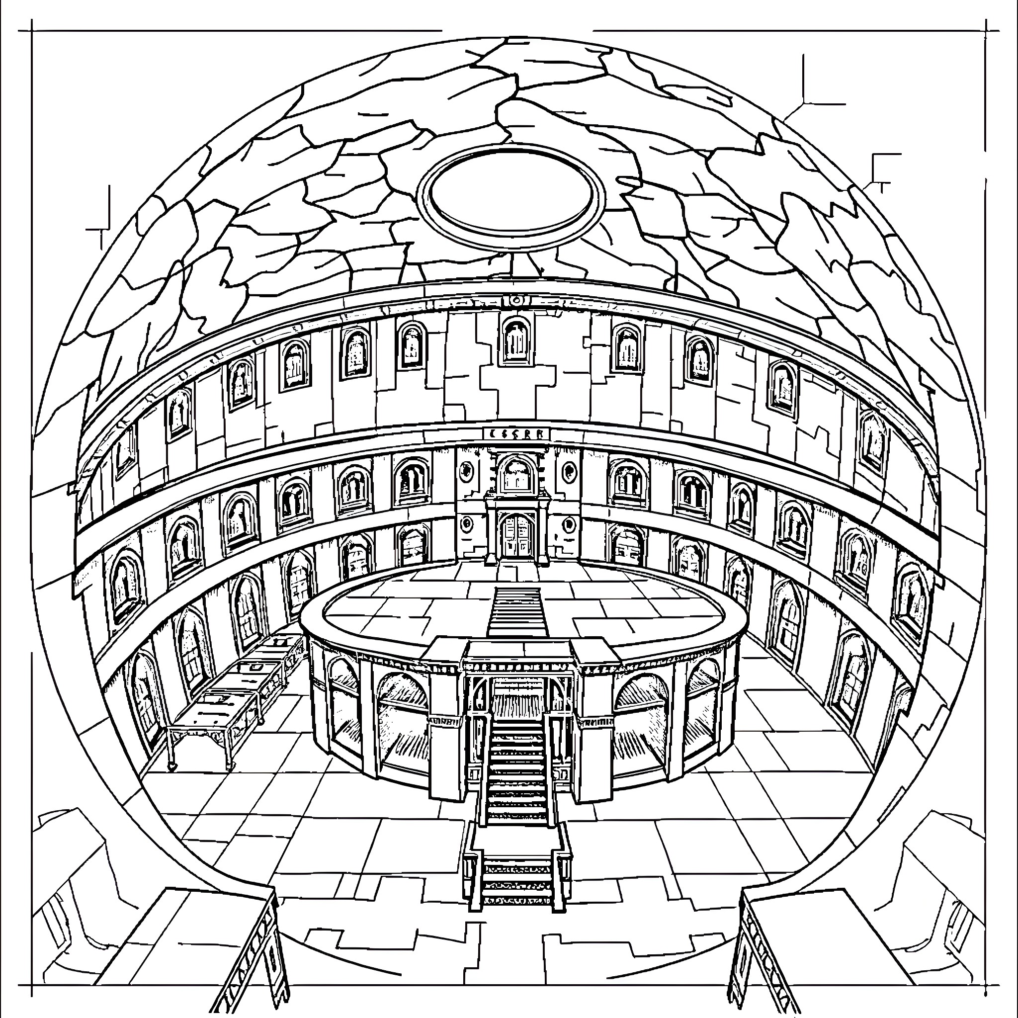 Panopticon: Architectural Design of a Circular Prison Coloring Page (free black-and-white line drawing printable PDF for all, from beginners to advanced learners, including children, teens, adults, and seniors)