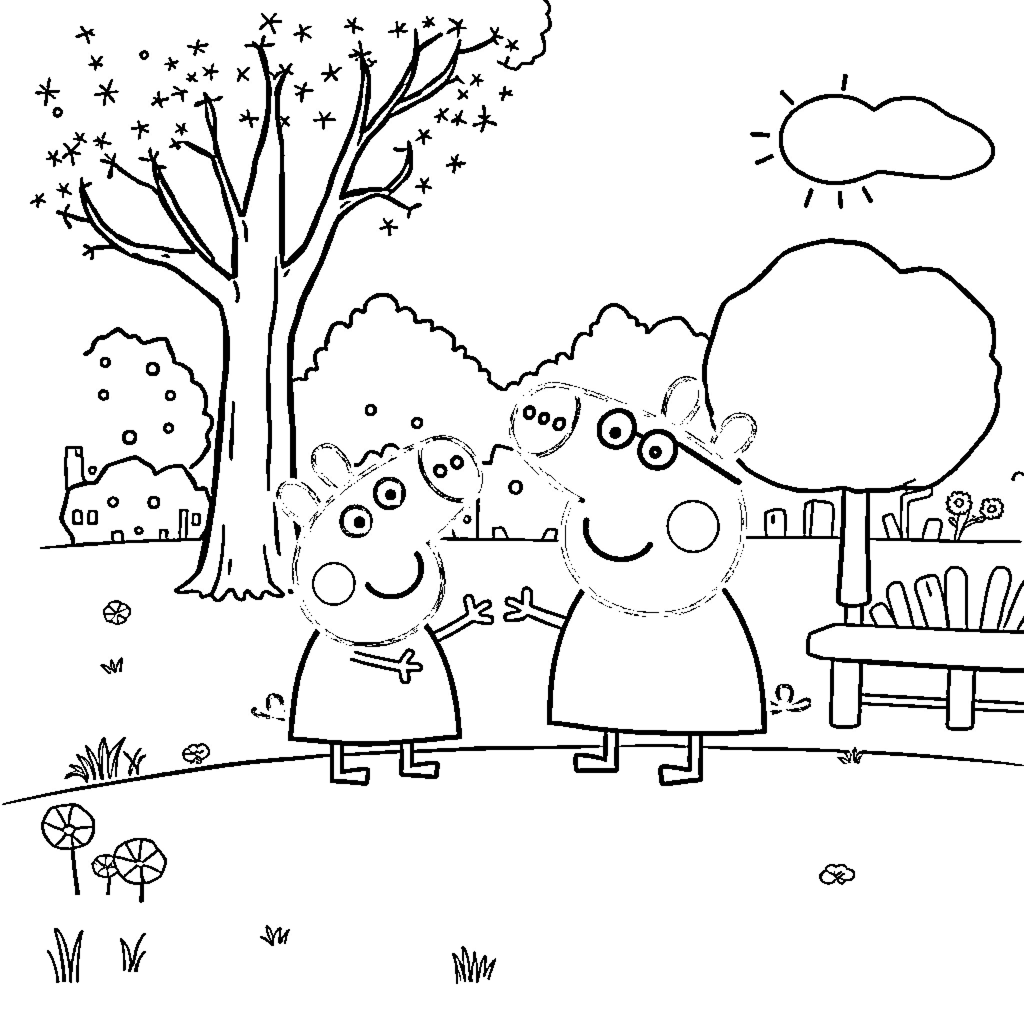 Peppa Pig and Friends Enjoying Outdoor Adventure Coloring Page (free black-and-white line drawing printable PDF for all, from beginners to advanced learners, including children, teens, adults, and seniors)