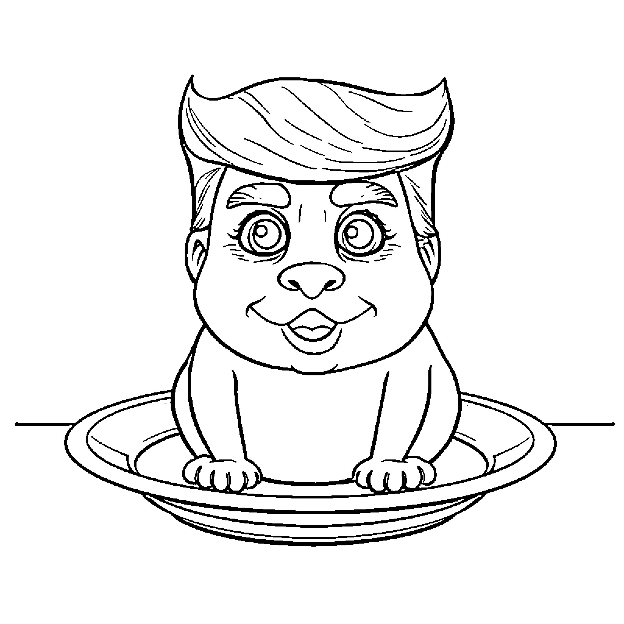Donald Trump peeking out from a plate Coloring Page (free black-and-white line drawing printable PDF for all, from beginners to advanced learners, including children, teens, adults, and seniors)
