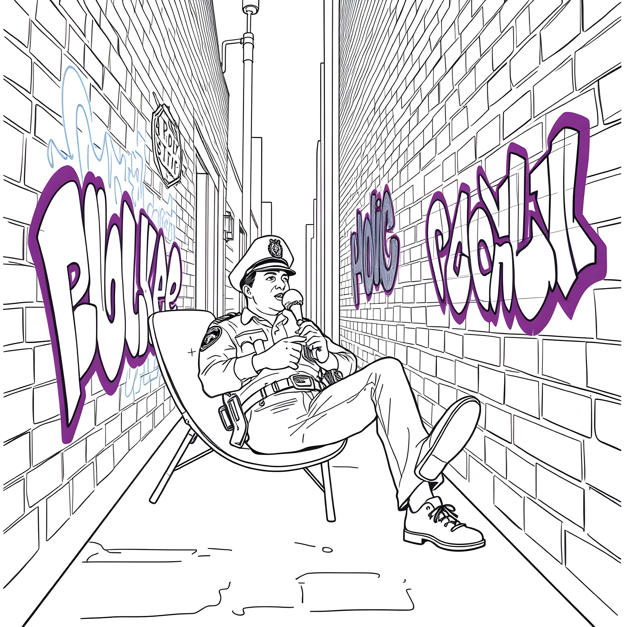 Cop sitting calmly in urban alley Coloring Page (free black-and-white line drawing printable PDF for all, from beginners to advanced learners, including children, teens, adults, and seniors)