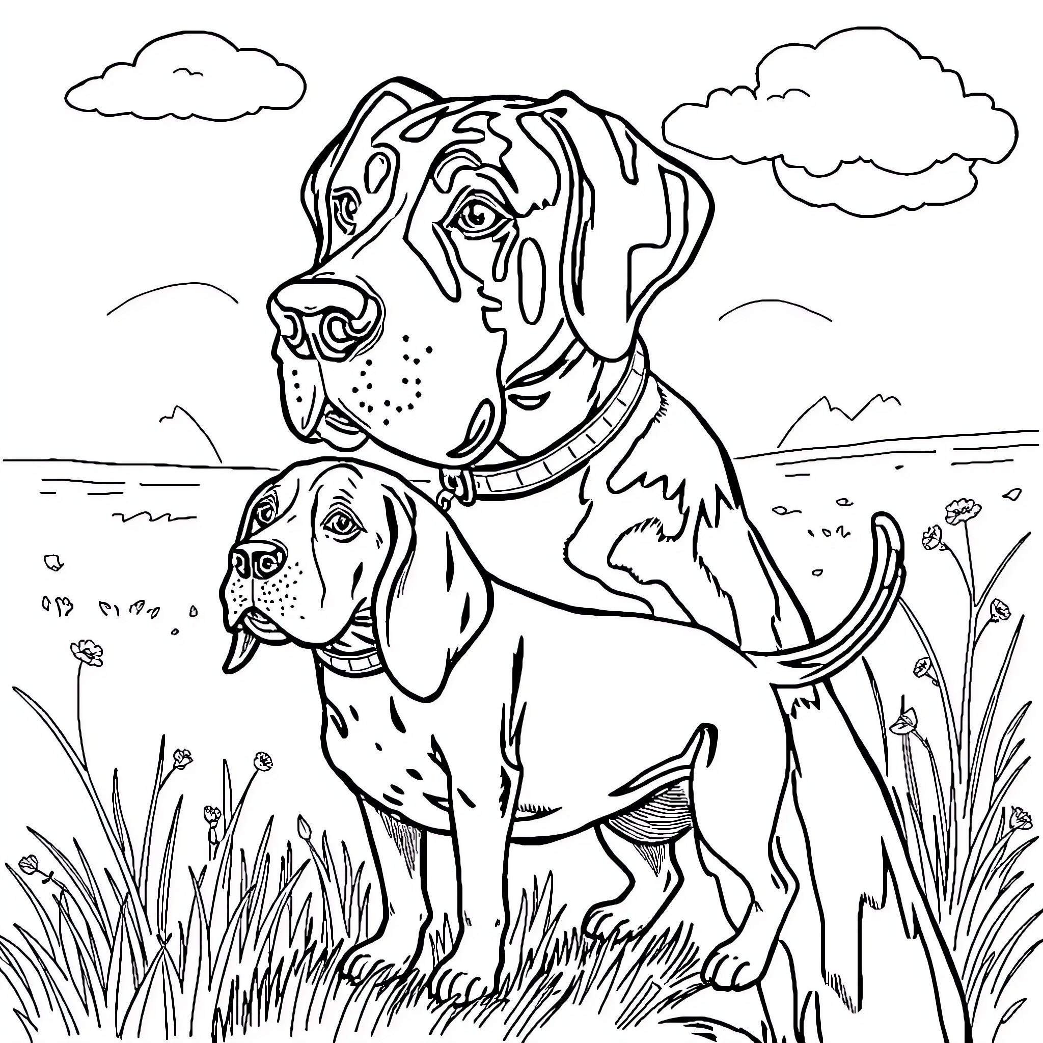 Dog Friends in the Outdoors Coloring Page (free black-and-white line drawing printable PDF for all, from beginners to advanced learners, including children, teens, adults, and seniors)