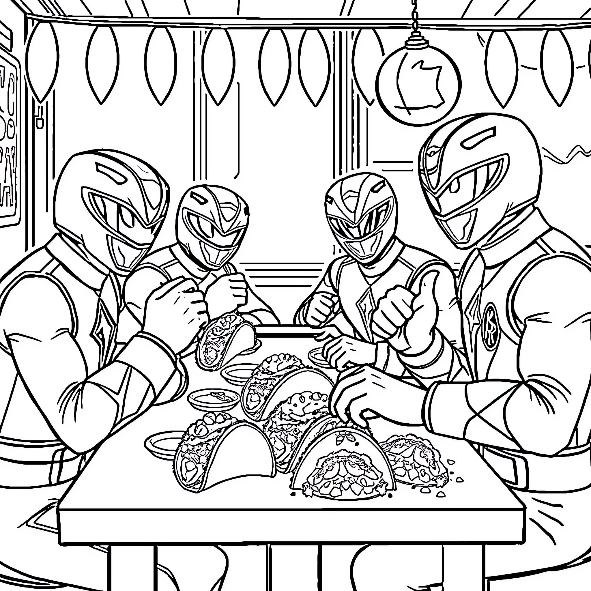 Power Rangers Enjoying Celebratory Feast Coloring Page (free black-and-white line drawing printable PDF for all, from beginners to advanced learners, including children, teens, adults, and seniors)