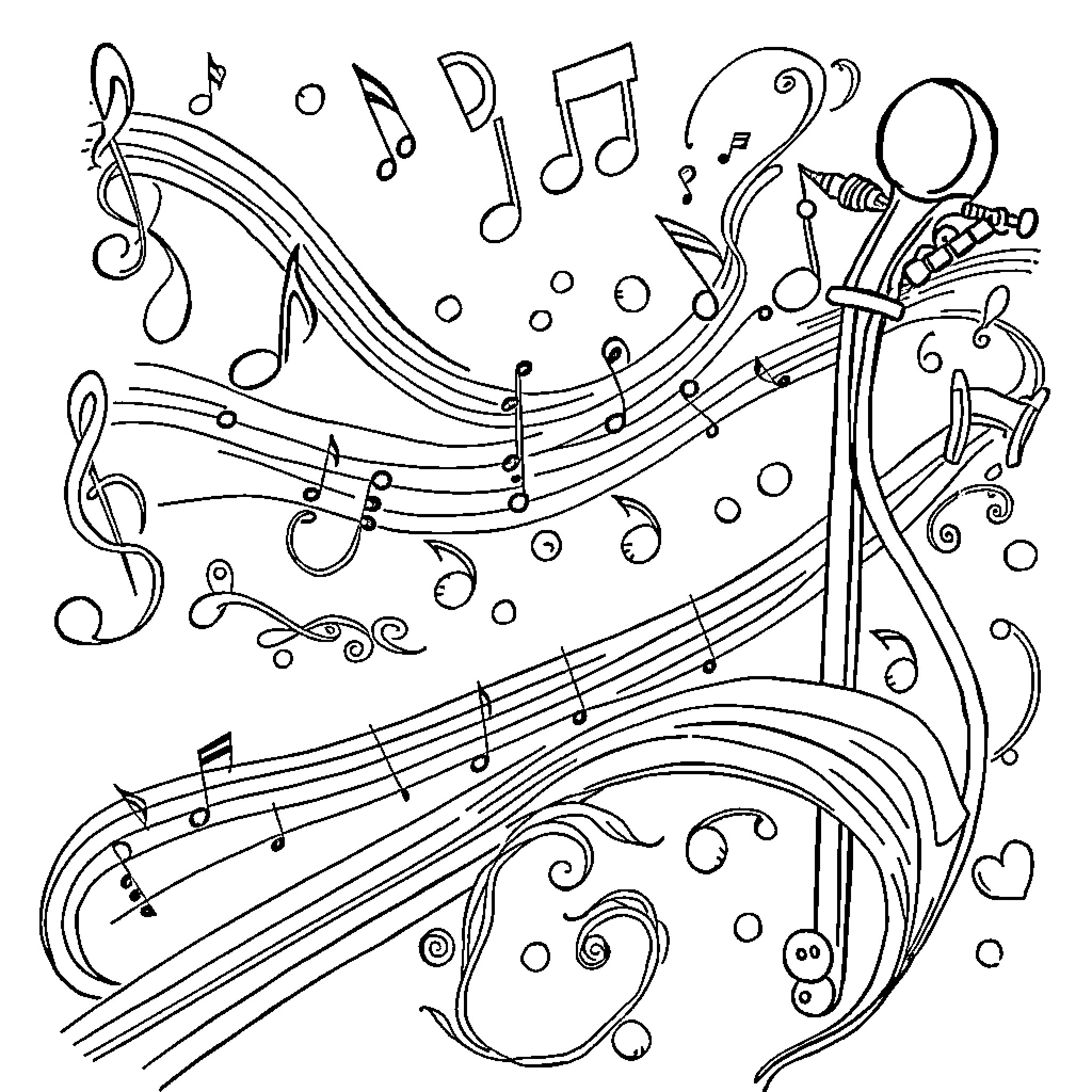 Music Theory: Artistic Musical Symbols and Notes Coloring Page (free black-and-white line drawing printable PDF for all, from beginners to advanced learners, including children, teens, adults, and seniors)