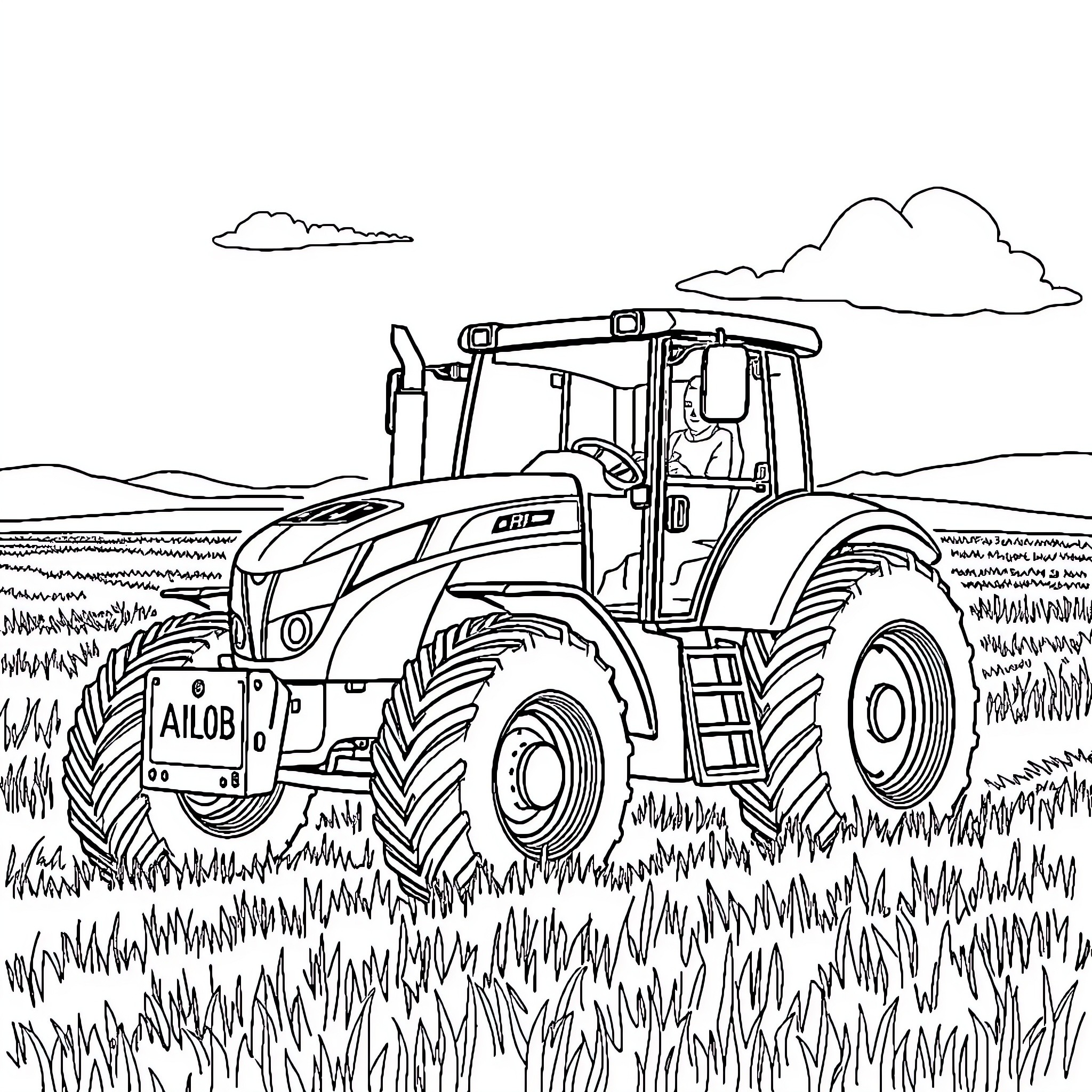 Tractor traversing through lush countryside landscape Coloring Page (free black-and-white line drawing printable PDF for all, from beginners to advanced learners, including children, teens, adults, and seniors)