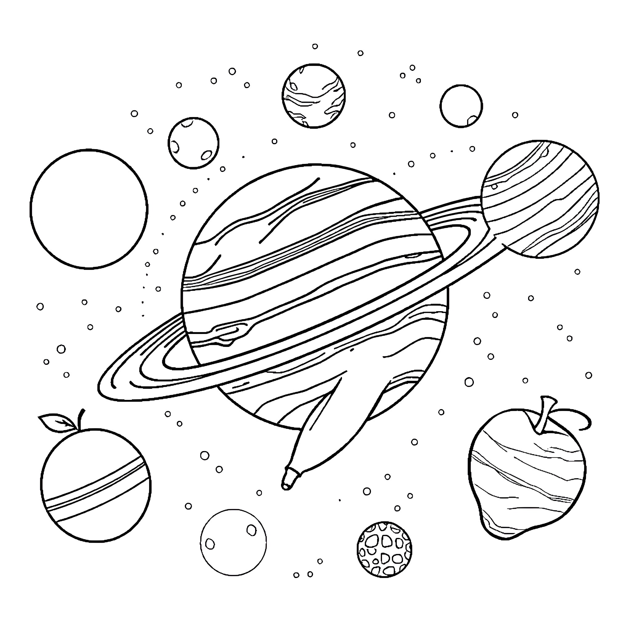 Planet of Intergalactic Fruits and Planets Coloring Page (free black-and-white line drawing printable PDF for all, from beginners to advanced learners, including children, teens, adults, and seniors)