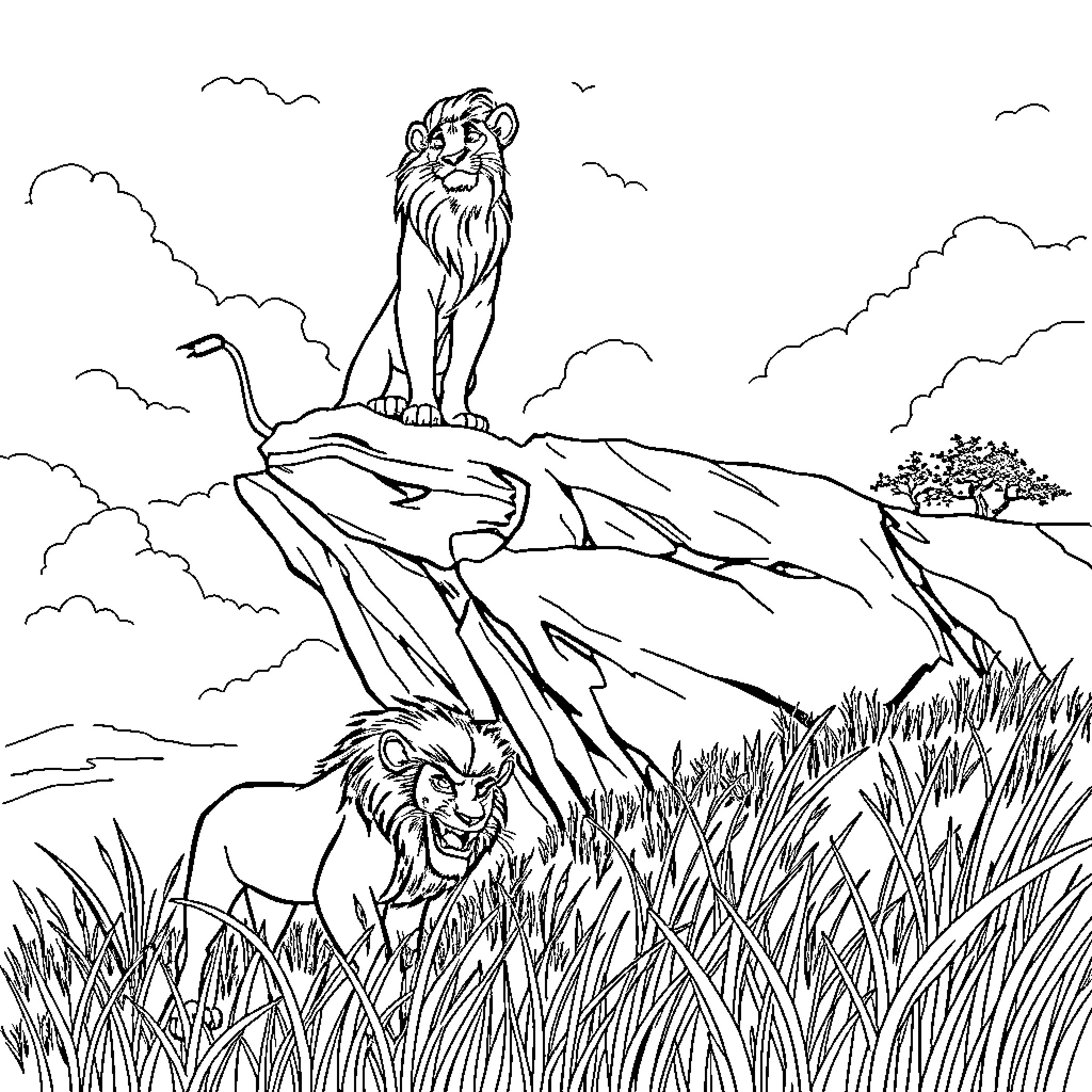 Lion standing triumphantly on a rock Coloring Page (free black-and-white line drawing printable PDF for all, from beginners to advanced learners, including children, teens, adults, and seniors)