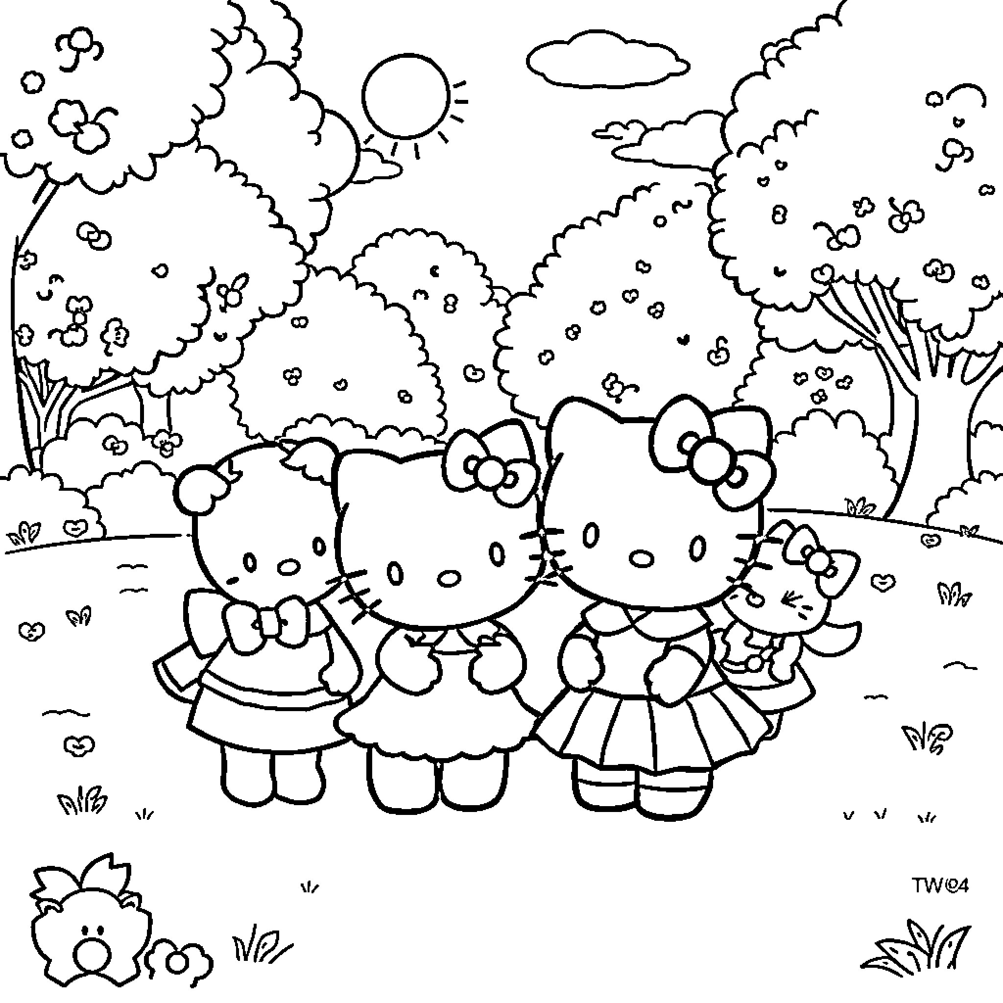 Hello Kitty family playing in the nature landscape Coloring Page (free black-and-white line drawing printable PDF for all, from beginners to advanced learners, including children, teens, adults, and seniors)