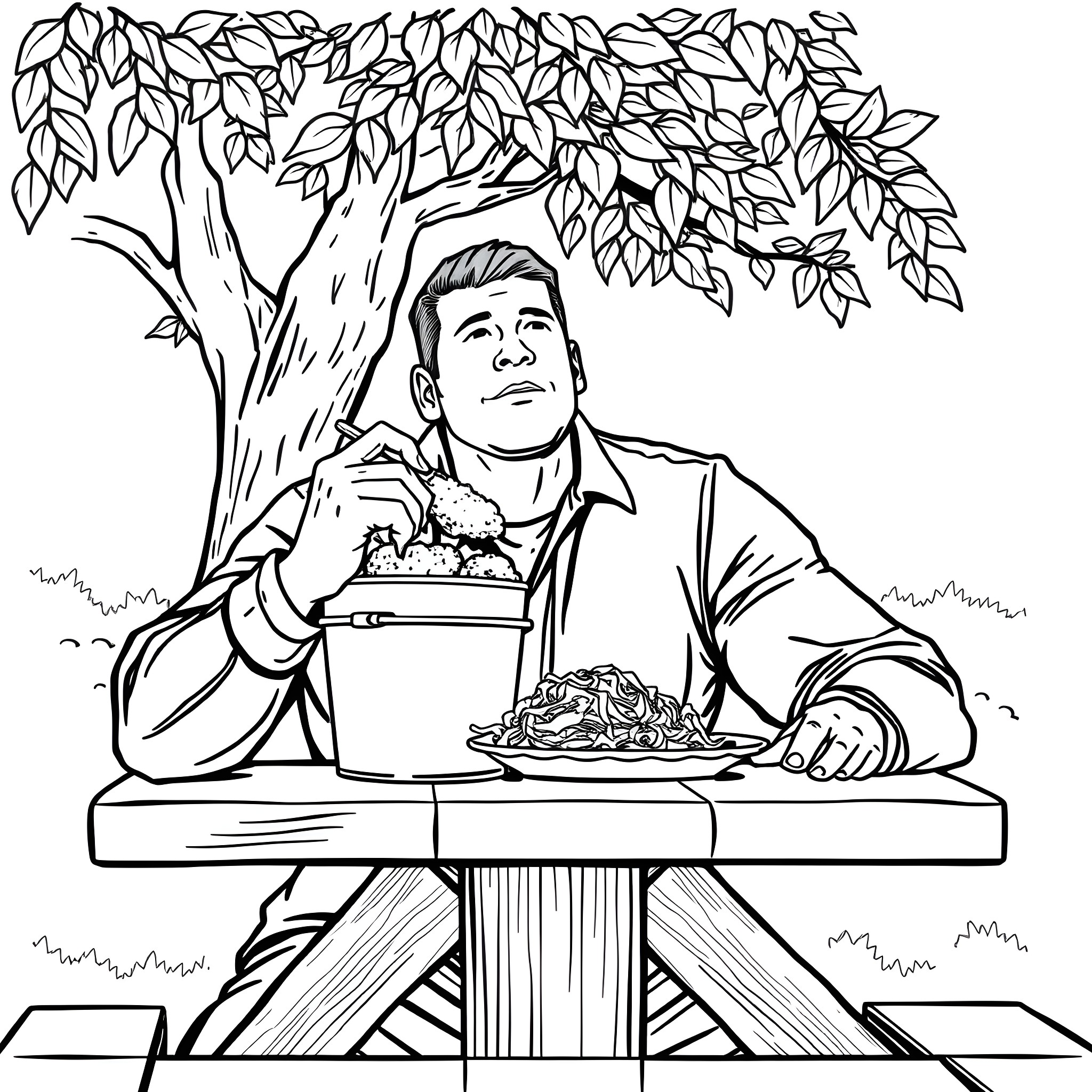 John Cena enjoying a meal outdoors under a tree Coloring Page (free black-and-white line drawing printable PDF for all, from beginners to advanced learners, including children, teens, adults, and seniors)