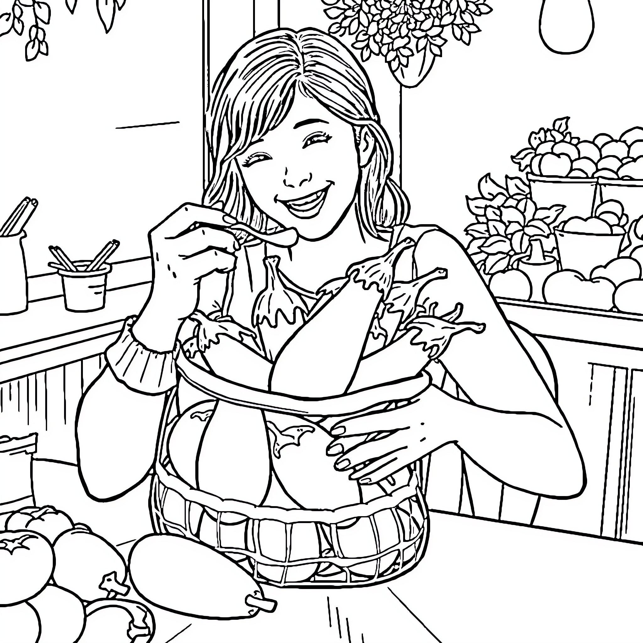 Woman enjoying a tasty meal in a cozy setting Coloring Page (free black-and-white line drawing printable PDF for all, from beginners to advanced learners, including children, teens, adults, and seniors)
