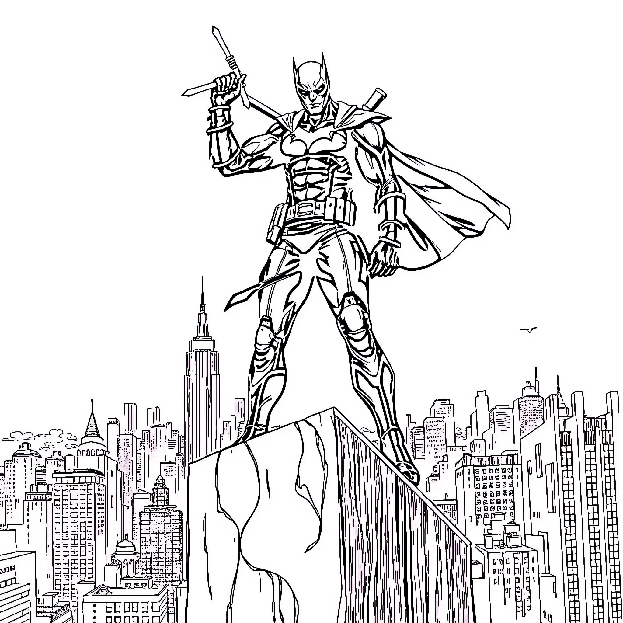 Deathstroke, the Mercenary's Heroic Pose in the City Coloring Page (free black-and-white line drawing printable PDF for all, from beginners to advanced learners, including children, teens, adults, and seniors)
