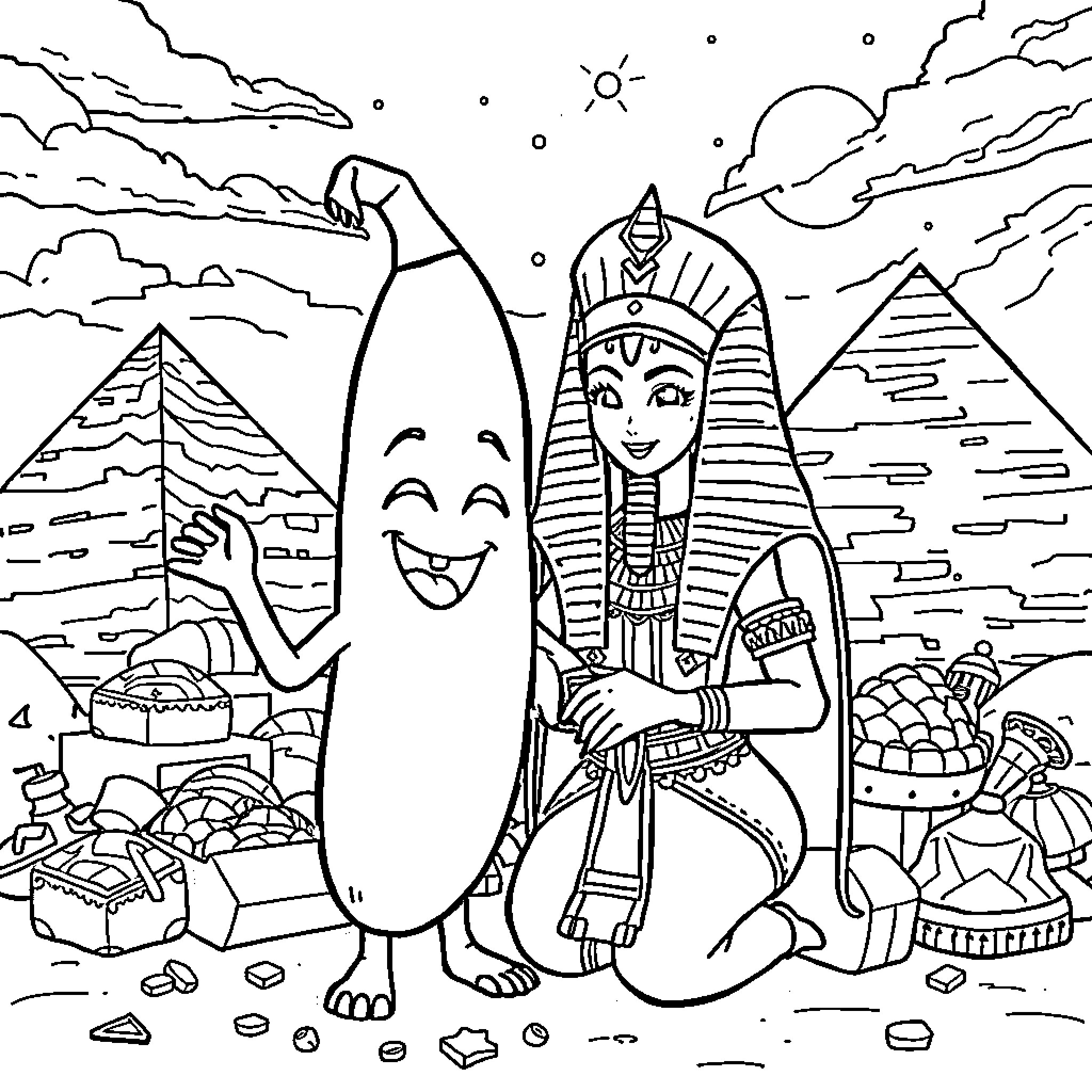 Peely's Playful Adventure in Ancient Egypt Coloring Page (free black-and-white line drawing printable PDF for all, from beginners to advanced learners, including children, teens, adults, and seniors)