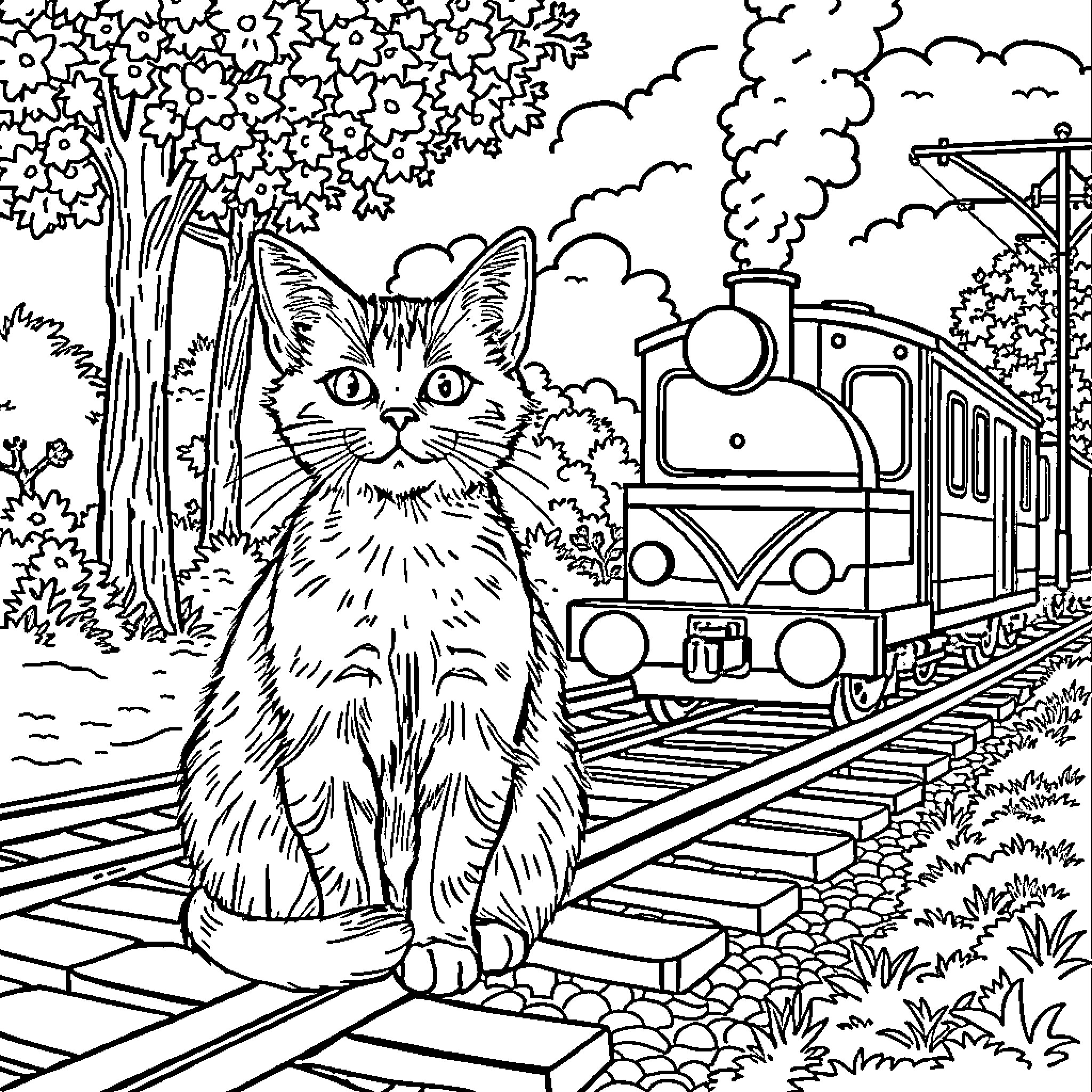 Cat admiring passing train on the tracks Coloring Page (free black-and-white line drawing printable PDF for all, from beginners to advanced learners, including children, teens, adults, and seniors)
